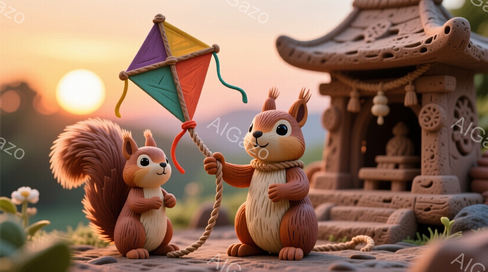 可愛らしいリスが二人、夕焼けを背景に凧揚げを楽しんでいます。一匹は茶色の服を着て凧の糸を持ち、もう一匹は少し離れて立っています。背景には精巧な彫刻が施された寺院のような建物があり、穏やかな夕暮れ時の温かい雰囲気を醸し出しています。
