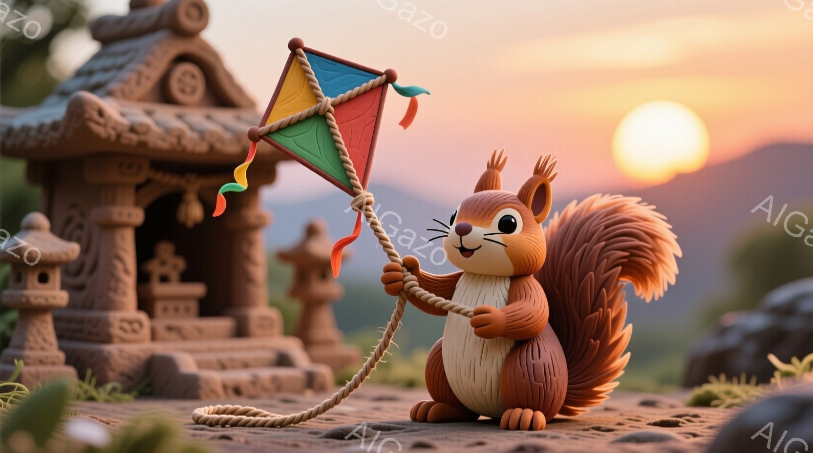 茶色いリスが、カラフルな凧を手に持ち、笑顔で立っています。背景には、日本の伝統的な建築様式の建物と、夕焼け空が広がっており、暖かく穏やかな雰囲気です。岩場のような地面に立つリスは、可愛らしい姿で見る人 - AI生成フリー素材