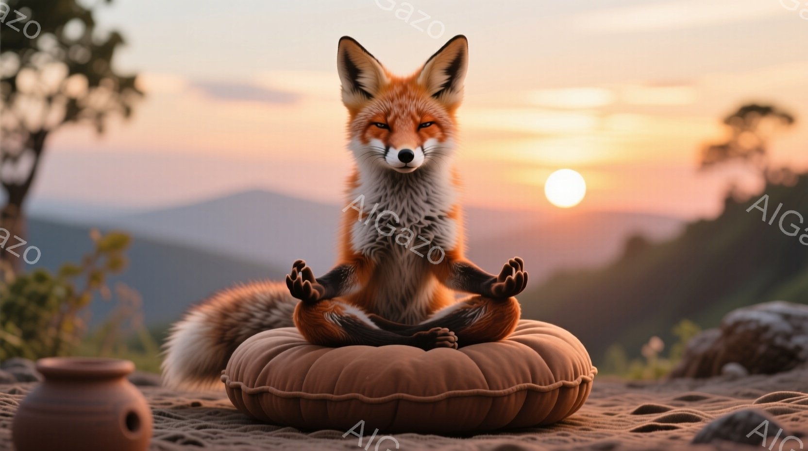 明るいオレンジ色の毛並みの狐が、丸いクッションの上で瞑想している姿が描かれています。その表情は穏やかで、前足は静かに組み合わされ、夕焼けに照らされた背景には山々が広がっています。全体的に、静寂と平和な - AI生成フリー素材