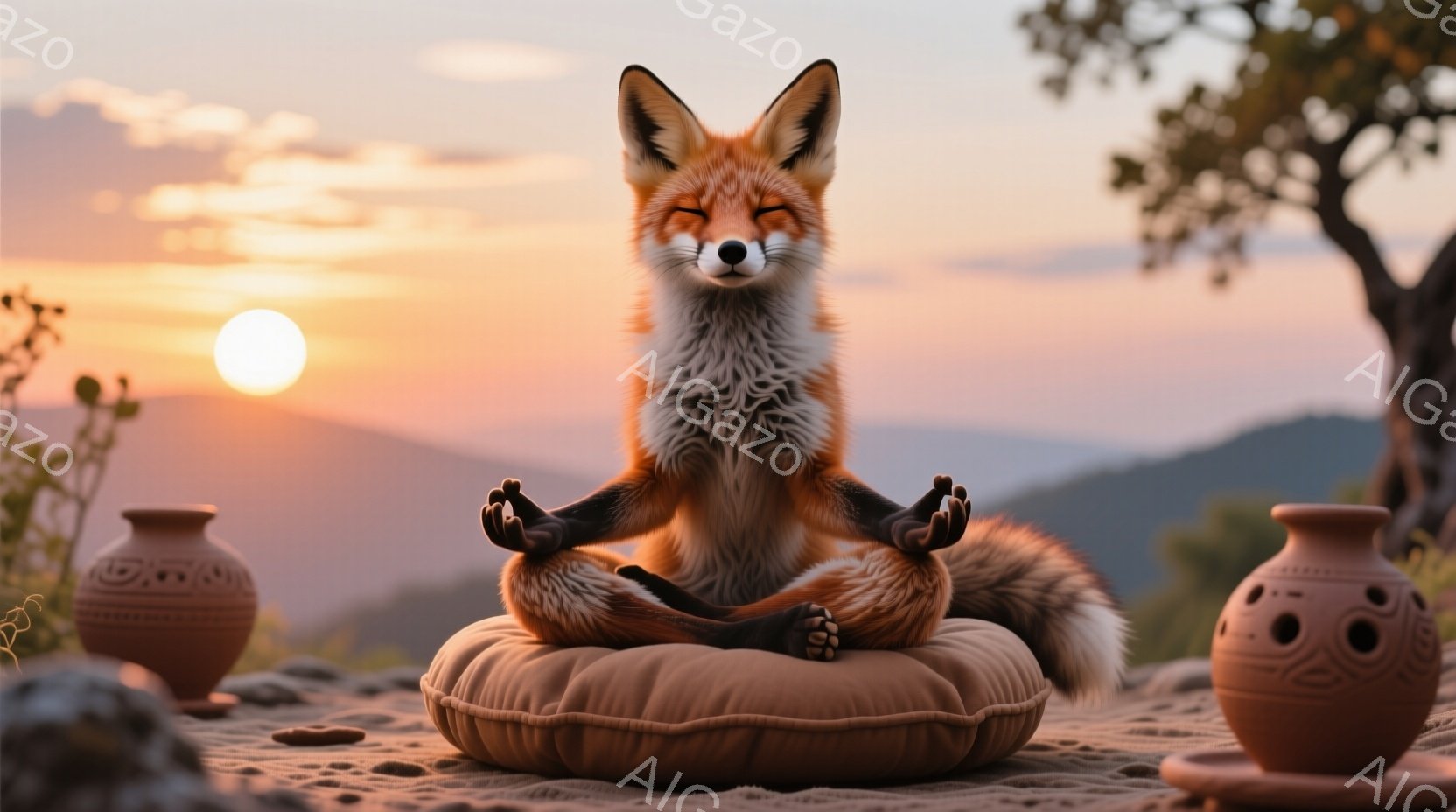 明るいオレンジ色のクッションの上に座禅を組むキツネが描かれています。その表情は穏やかで、目を閉じて瞑想にふけっているようです。背景には、夕焼けに照らされた山々が広がり、陶器の壺が左右に配置され、静寂で穏やかな雰囲気を醸し出しています。