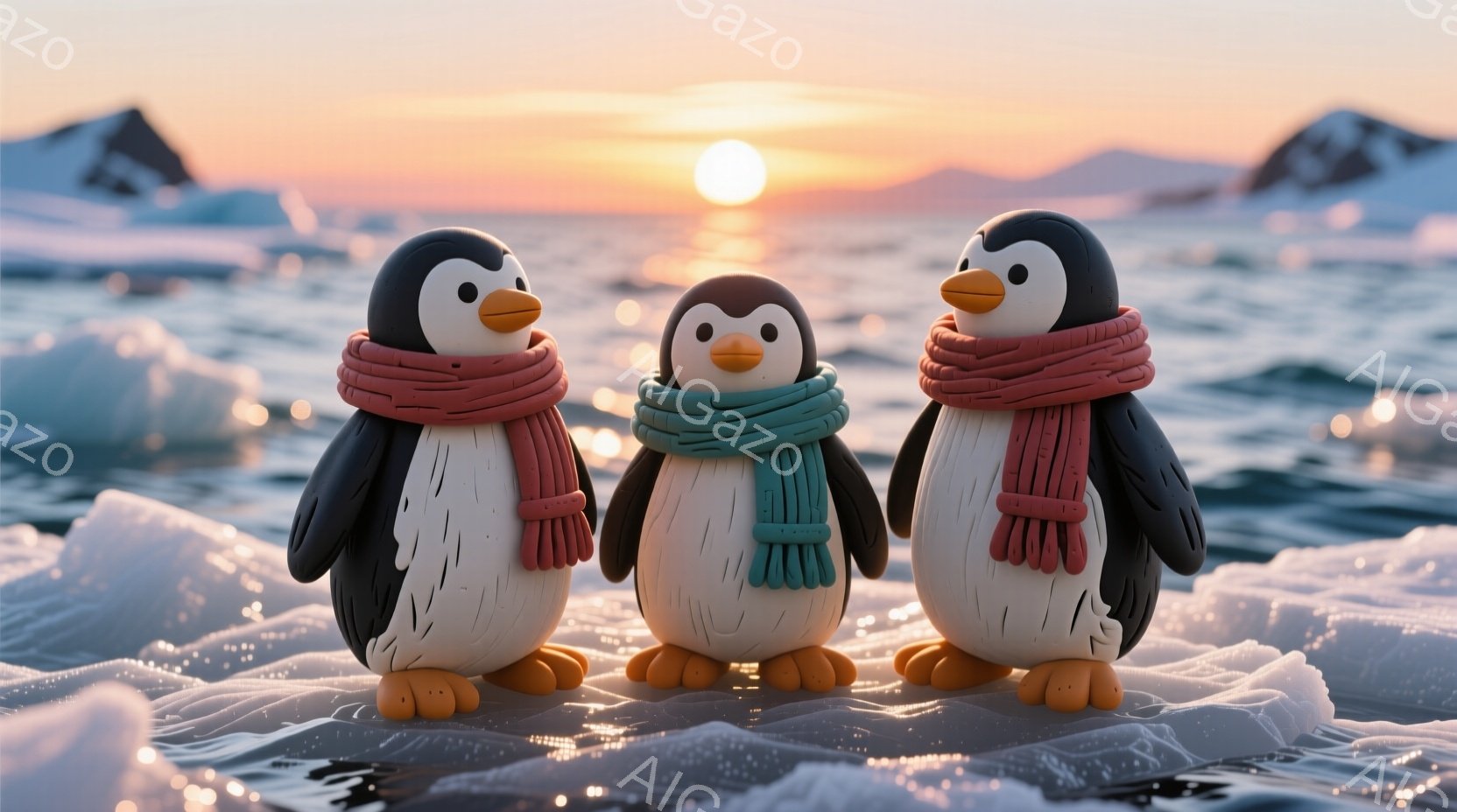 3羽のペンギンが氷の上に並んで立っています。それぞれ赤い、緑、赤いスカーフを巻いており、つぶらな瞳で見つめています。背景には、夕焼けに照らされた海と氷山があり、穏やかで暖かい雰囲気です。