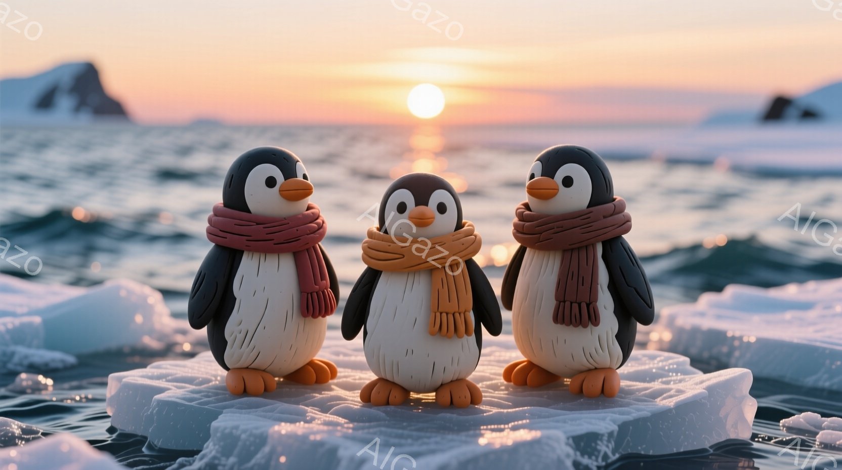 ３羽のペンギンが氷の塊の上に並んで立っています。それぞれ首にオレンジ色または茶色のスカーフを巻いており、丸い目と小さな口で愛らしい表情をしています。背景には、夕焼けに照らされた海と氷山が見え、穏やかで - AI生成フリー素材