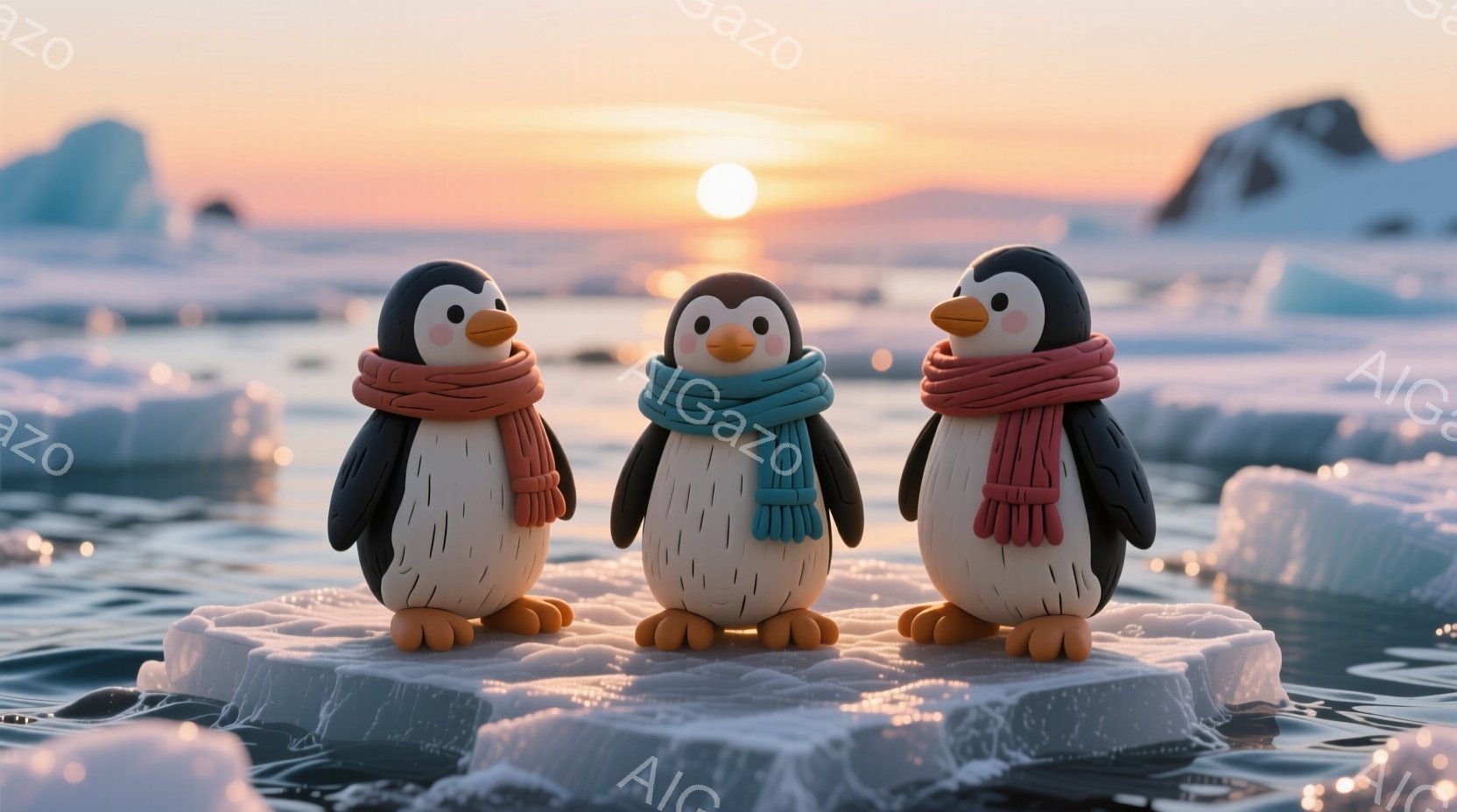 三羽のペンギンが氷の塊の上に並んで立っている。それぞれが異なる色のスカーフを巻いており、オレンジ色の足と可愛らしい表情をしている。背景には氷山が浮かび、夕焼け空が広がり、穏やかで幻想的な雰囲気を醸し出している。