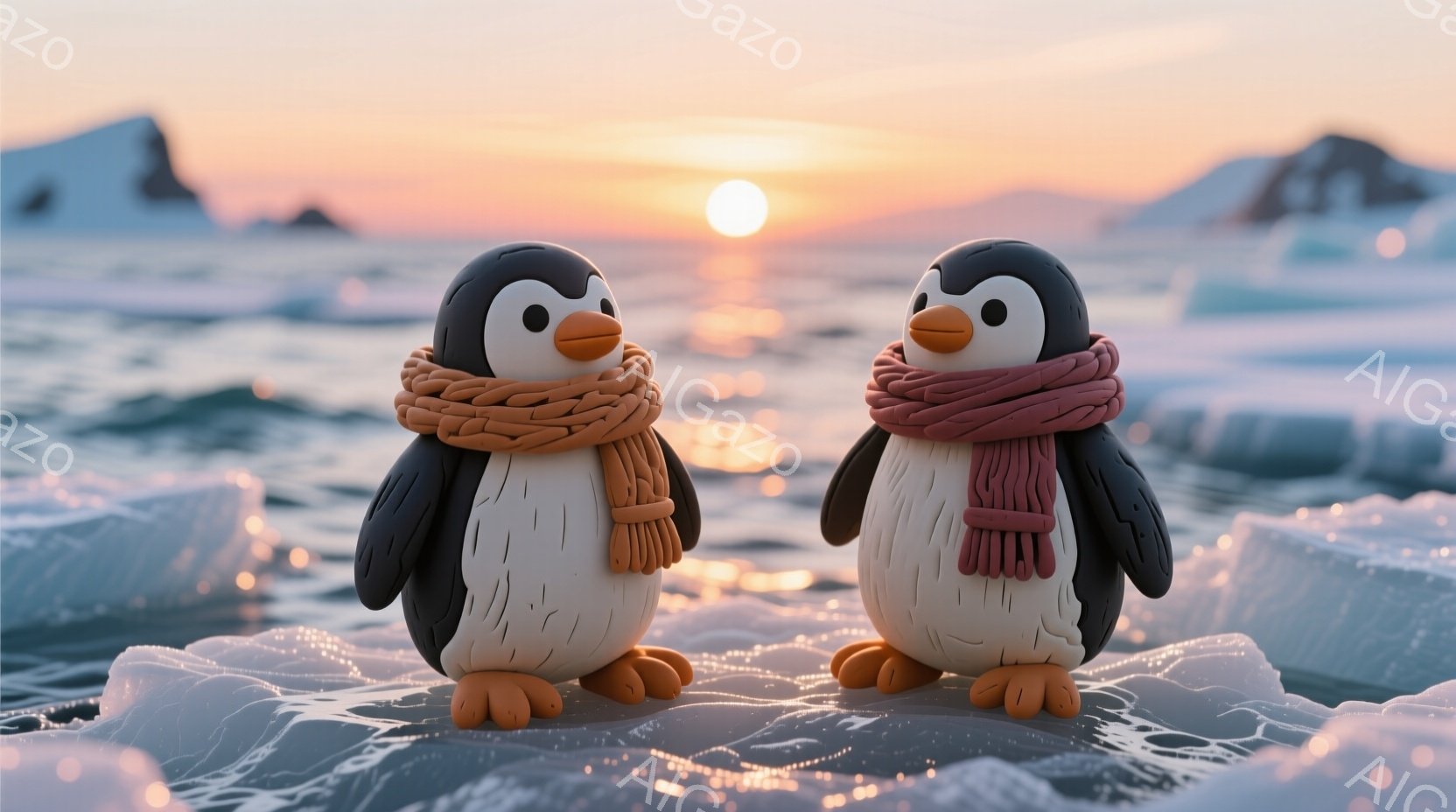白い氷の上に二羽のペンギンが並んで立っています。それぞれのペンギンは、オレンジと赤色のマフラーを巻いており、愛らしい表情をしています。背景には、夕焼けに照らされた海と氷山が広がり、穏やかで幻想的な雰囲気を醸し出しています。