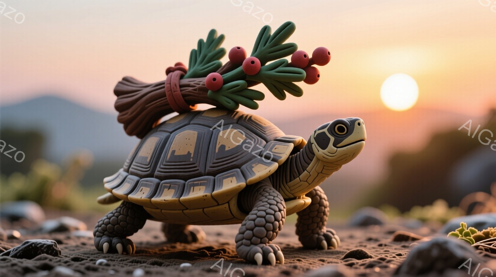 このカメは、背中に木の枝と赤い実を載せて、砂利の地面の上を歩いているようです。カメの表情は穏やかで、少し微笑んでいるように見えます。背景には穏やかな山々と夕焼けが広がり、暖かく平和な雰囲気を醸し出しています。