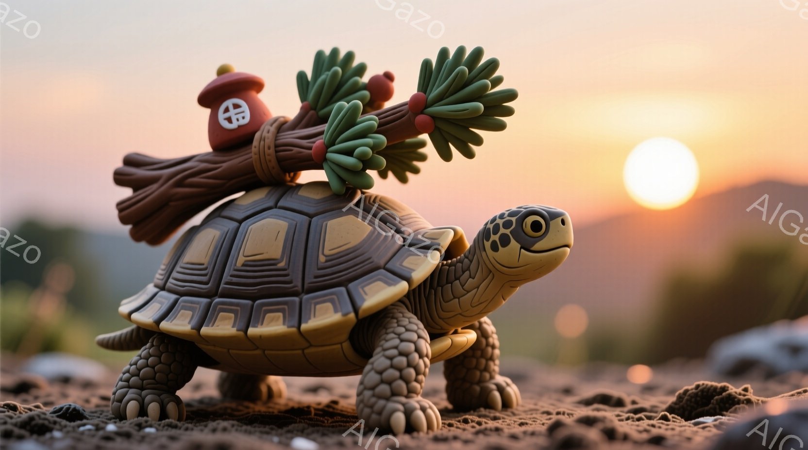 亀は土色の殻を持ち、背中に木の枝と赤い実を載せた小さな笠を乗せています。背景は夕焼けで、空はオレンジ色と黄色で染まり、穏やかで温かい雰囲気を醸し出しています。亀は前方に進むように歩いており、その表情は穏やかで、どこか旅人のようです。
