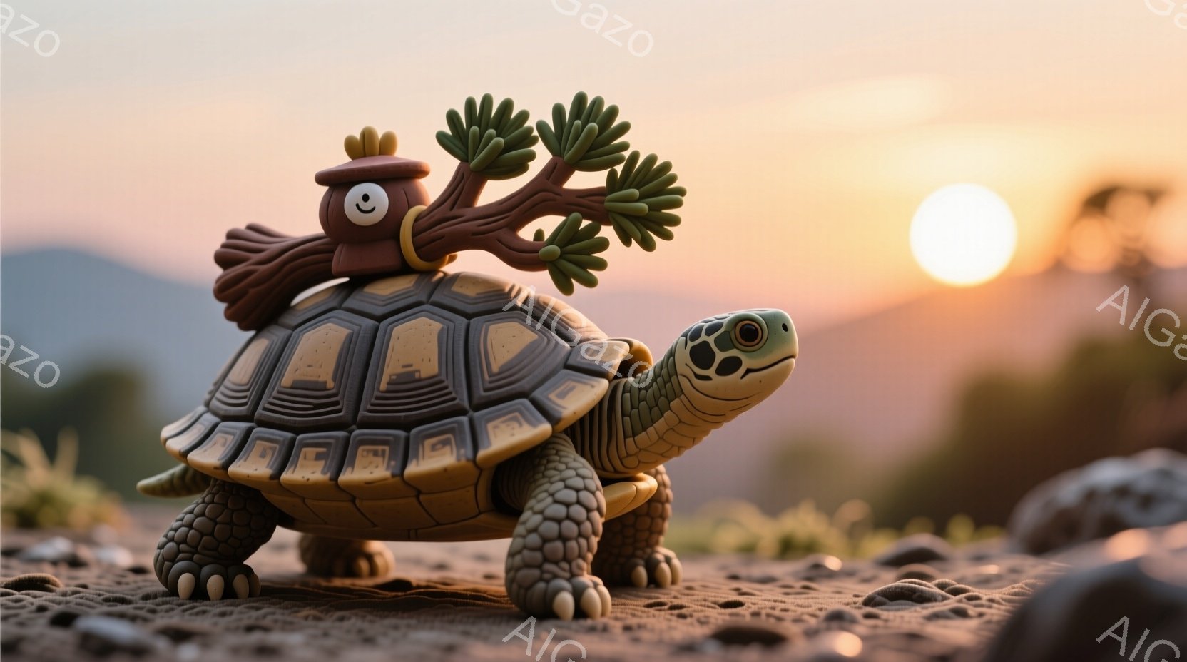 カメは、茶色の迷彩柄の甲羅を持ち、小さな足を地面につけて立っています。頭の上には、緑の葉と茶色の枝で作られた帽子のようなものが乗っており、少しユーモラスな印象を与えます。背景には、夕焼けの空と、ぼやけた山々が見え、全体的に温かく、遊び心のある雰囲気です。