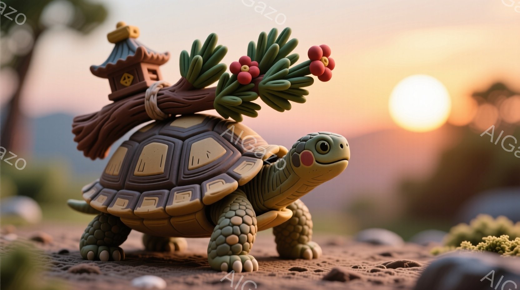 亀は、背中に小さな寺社と枝付きの花を載せて、岩だらけの地面をゆっくりと歩いている。背景には、夕焼けに照らされた柔らかい丘と、ぼやけた植物が見える穏やかな雰囲気で、鮮やかなオレンジ色の太陽が沈みかけている。全体的に、可愛らしく、平和で、ファンタジーのような印象を受ける。