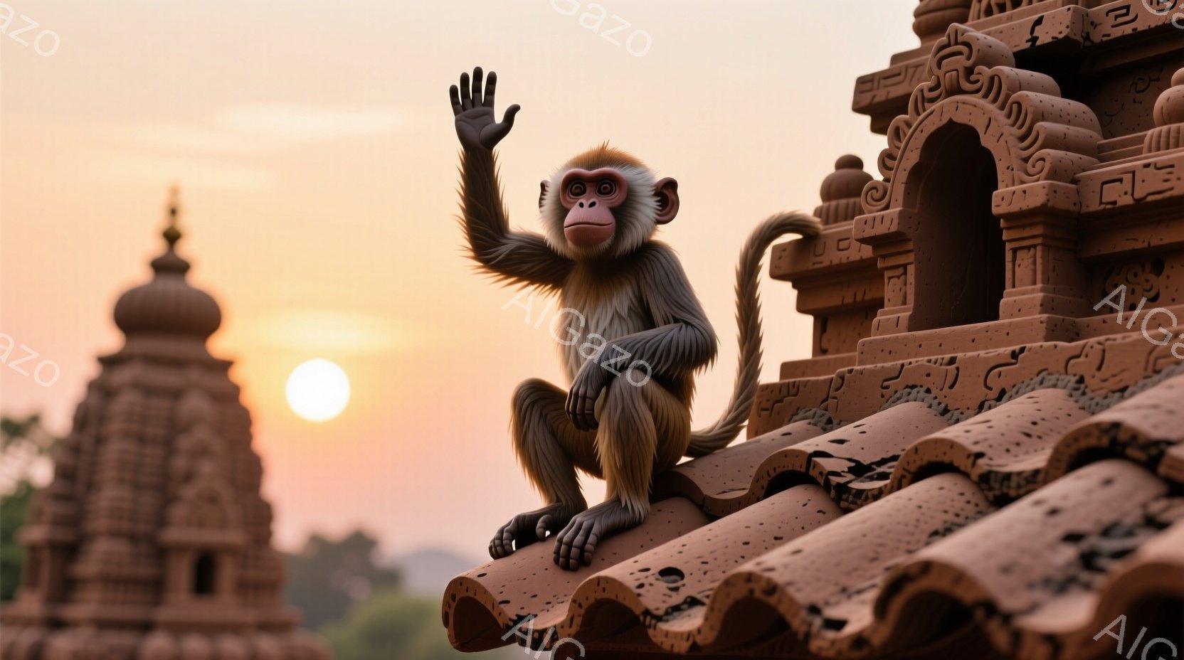 古代寺院の屋根の上に、一匹の猿が座って片手を上げています。夕暮れ時の空はオレンジ色とピンク色のグラデーションで、寺院の複雑な彫刻と相まって、神秘的な雰囲気を醸し出しています。猿はリラックスした表情で、まるで風景の一部であるかのように穏やかに佇んでいます。