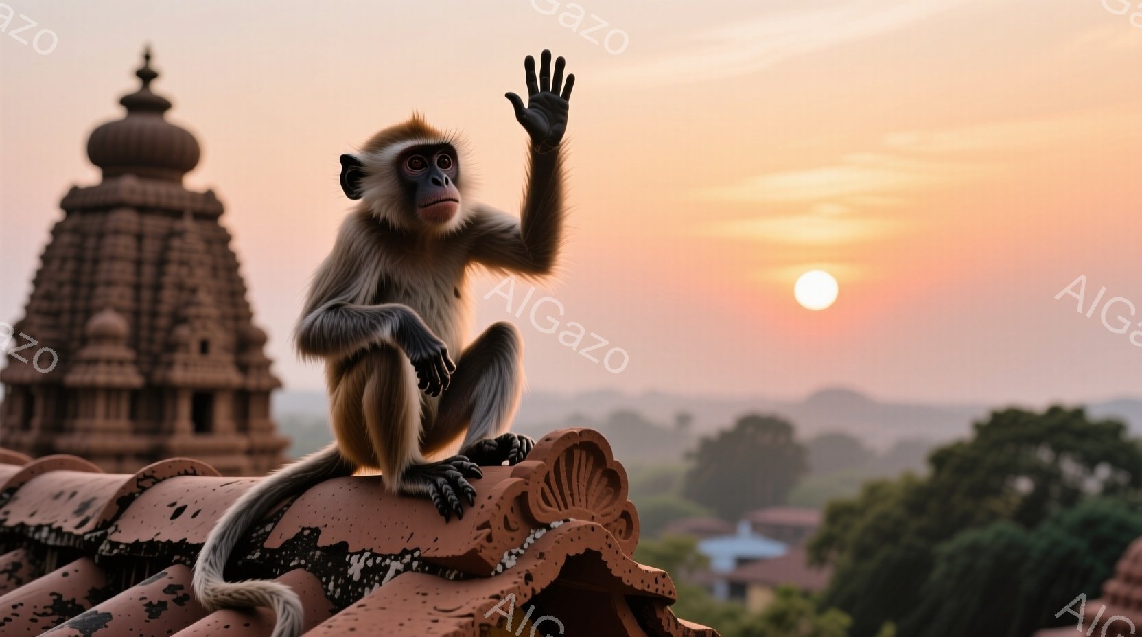 屋根の上に座った猿が、片手を上げて何かを指し示しているように見える。背景には、夕焼けに照らされた塔と緑豊かな風景が広がり、穏やかで暖かい雰囲気を醸し出している。猿の表情は好奇心旺盛で、周囲の景色に興味を持っている様子が伺える。