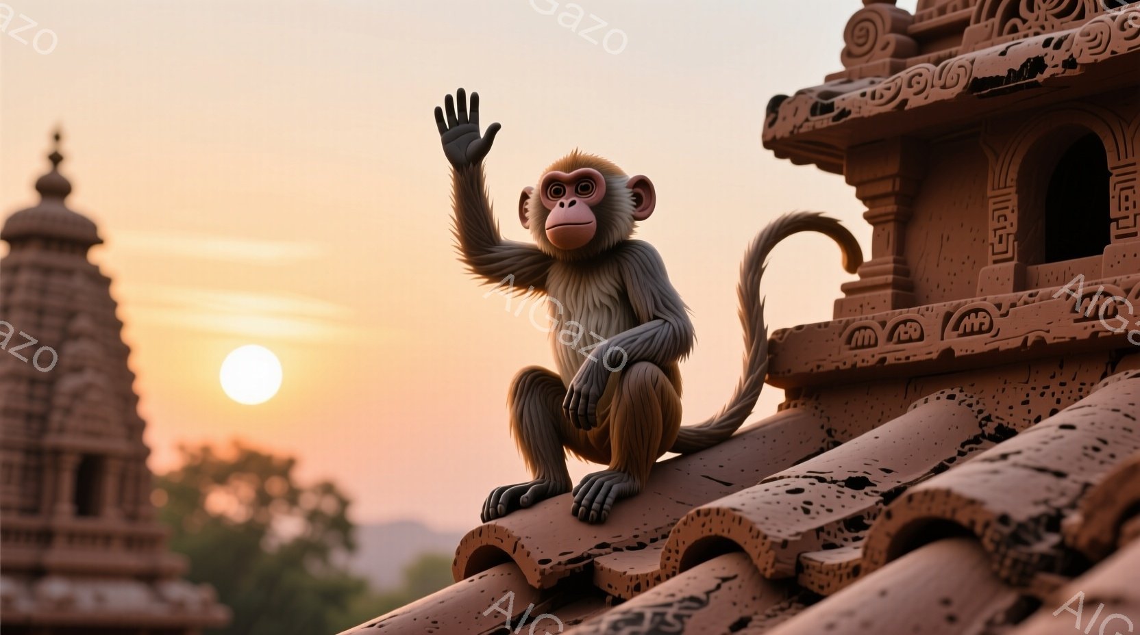 寺院の屋根の上に座っている猿を描いています。猿は片手を上げて挨拶をしているようで、リラックスした表情をしています。背景には夕焼けが広がり、寺院のシルエットと相まって、穏やかで平和な雰囲気を醸し出しています。