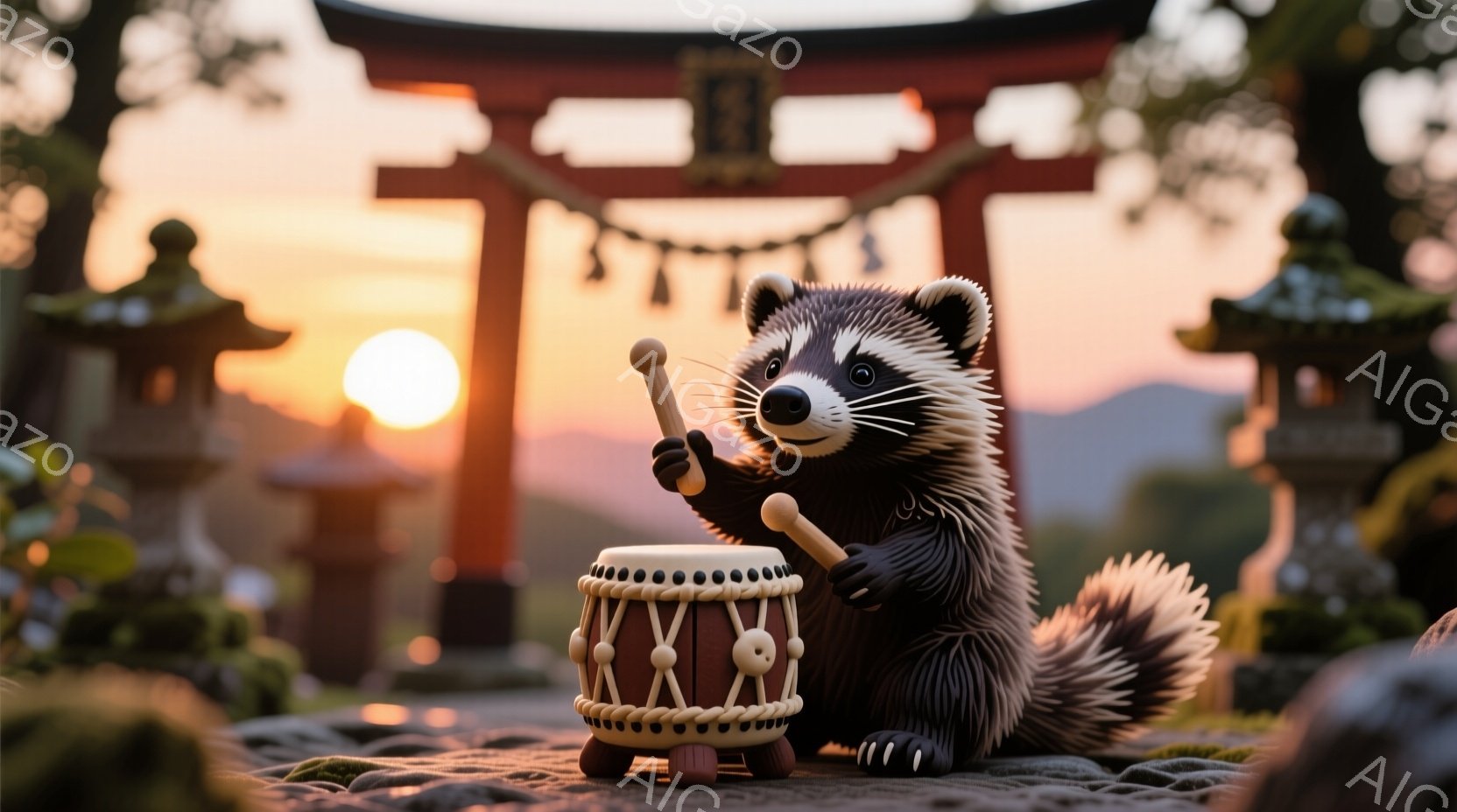 太鼓を演奏するタヌキを描いています。タヌキは、縞模様の体にふっくらとした尻尾を持ち、楽しそうに太鼓を叩いています。背景には、夕焼け空の下に赤い鳥居と石灯籠があり、穏やかで幻想的な雰囲気を醸し出しています。