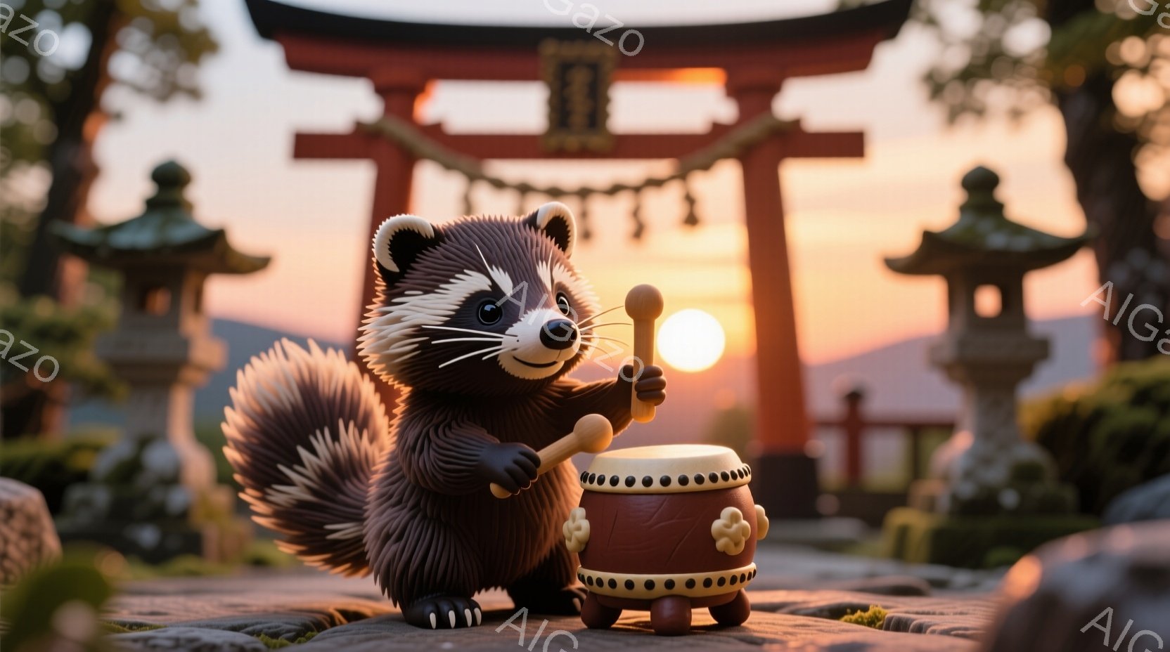 太鼓を叩いているタヌキを描いています。タヌキは、太鼓に向かって少し上体をかがめ、真剣な表情でばちを振るっています。背景には、夕焼け空の下、日本の伝統的な鳥居と石灯籠が並び、温かく幻想的な雰囲気を醸し出しています。