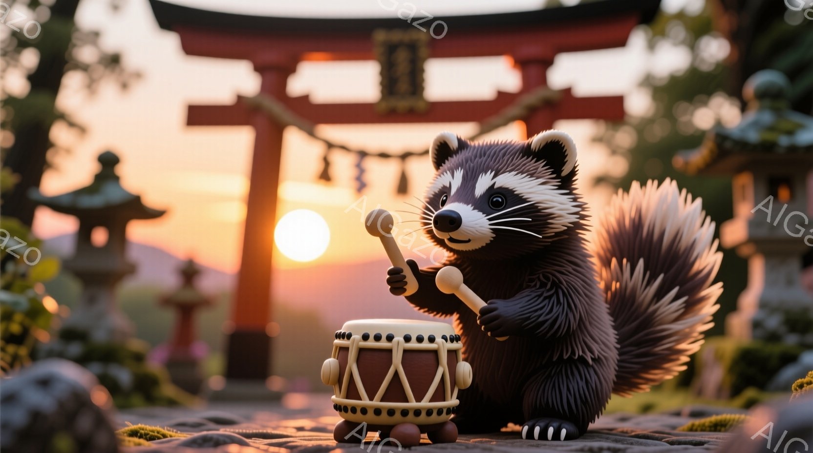 狸が太鼓を演奏している様子が描かれています。背景には夕焼けを背景にした朱色の鳥居と石灯籠が見え、和やかな雰囲気を醸し出しています。狸は笑顔で、楽しそうに太鼓を叩いており、日本の伝統的な祭りの様子を彷彿とさせます。