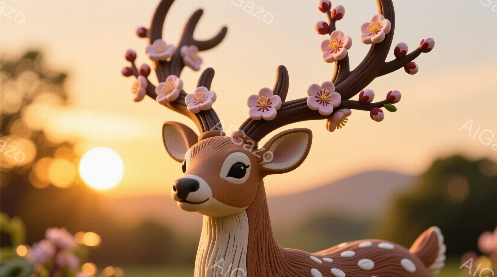 茶色のトナカイが、花が咲き乱れた角を頭に乗せて、正面を向いています。トナカイは白地に茶色の斑点模様があり、穏やかで優しい表情をしています。背景には夕焼けの空と緑豊かな丘が見え、穏やかで牧歌的な雰囲気が - AI生成フリー素材