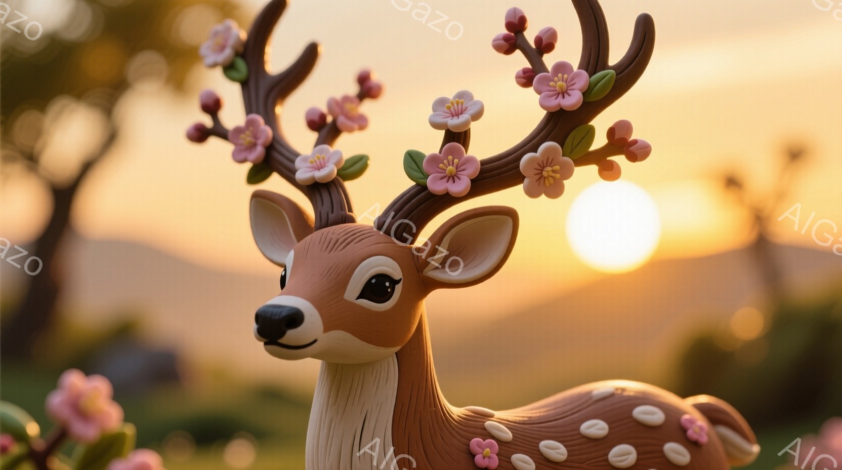 茶色のシカが、頭にピンクと白の桜の花飾りをつけて立っています。シカの体には白い斑点がいくつかあり、表情は穏やかで優しい印象を与えます。背景は夕焼け空で、オレンジ色と黄色のグラデーションが美しく、シカの姿を際立たせています。