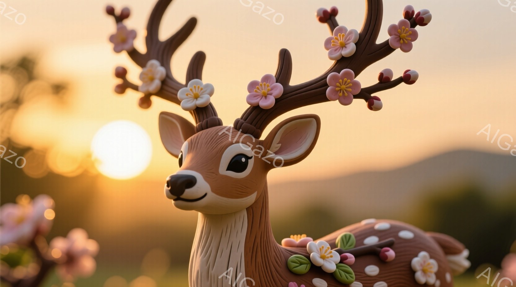 鹿が柔らかい色調の草原に立っており、頭にはピンクと白の桜の花が咲き乱れている枝が生えている。 鹿の毛並みは茶色で点在しており、表情は穏やかで優しい印象を与える。 背景には夕焼け空が広がり、暖かく幻想的な雰囲気を醸し出している。
