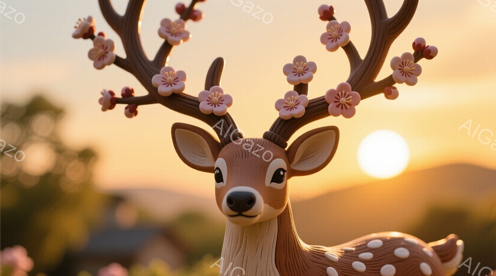 可愛らしい子鹿が画面中央に配置され、大きな瞳と穏やかな表情を見せています。鹿の角にはピンク色の桜の花が咲き誇り、周囲には緑豊かな自然と夕焼けのオレンジ色の空が広がっています。全体的に温かく、夢幻的な雰囲気が漂っています。
