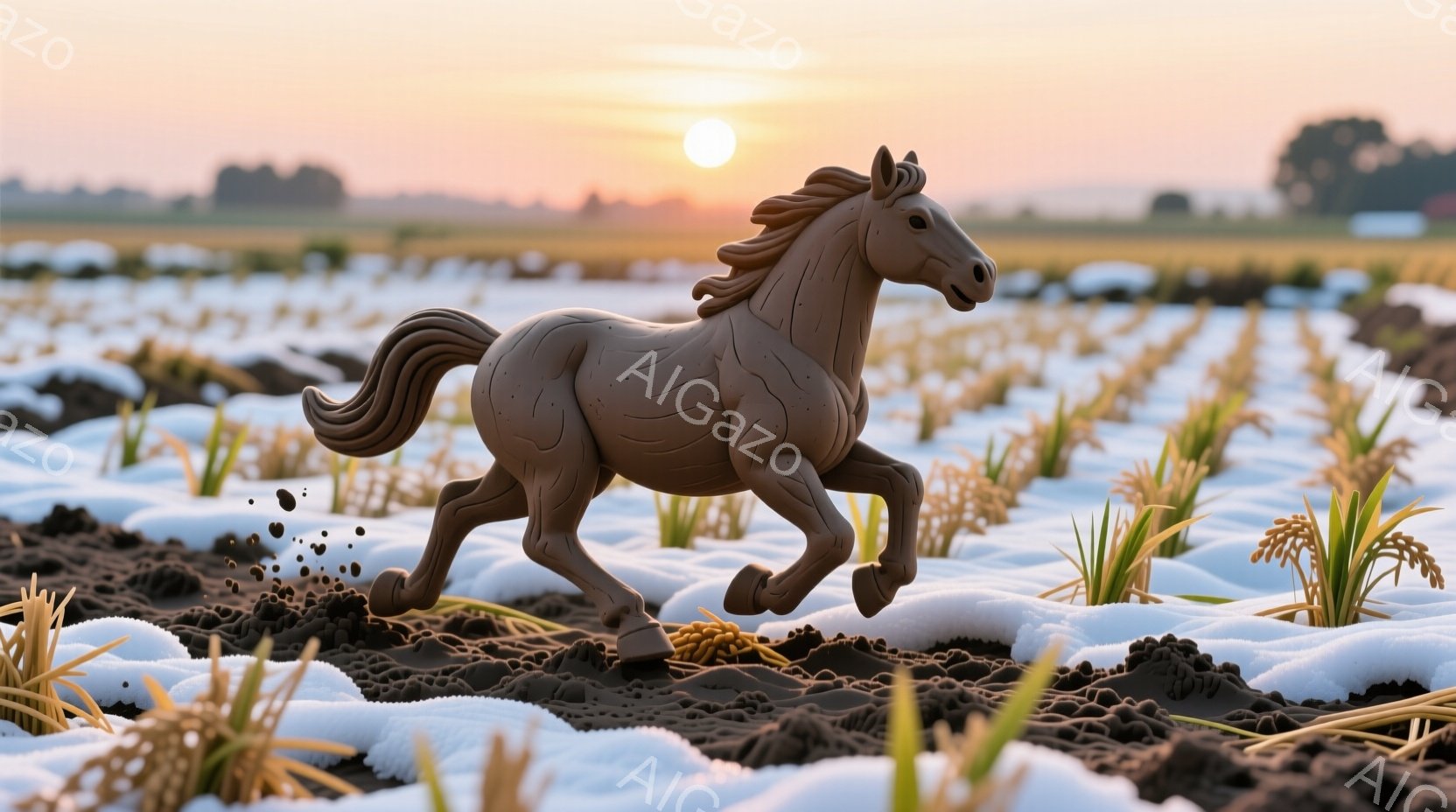 茶色の馬が、稲が植えられた水田の中を駆け抜けている。背景には夕焼けが広がり、空はオレンジ色とピンク色に染まっている。馬の周りには泥が飛び散り、疾走感と力強さを強調している。
