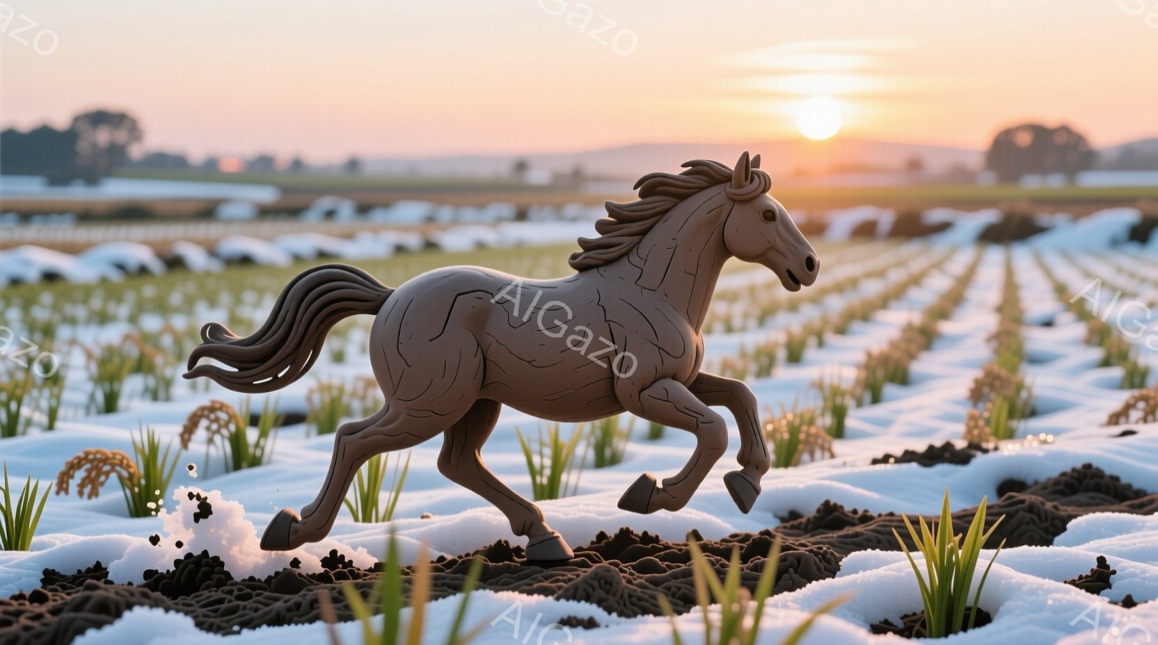 滑らかな質感の茶色の馬が、水田の中を力強く駆けている。背景には、水田が整然と並び、遠くには夕焼けのような柔らかな光が広がっている。全体的に、馬の躍動感と田園風景の静けさが調和した、力強くも穏やかな雰囲気が漂っている。