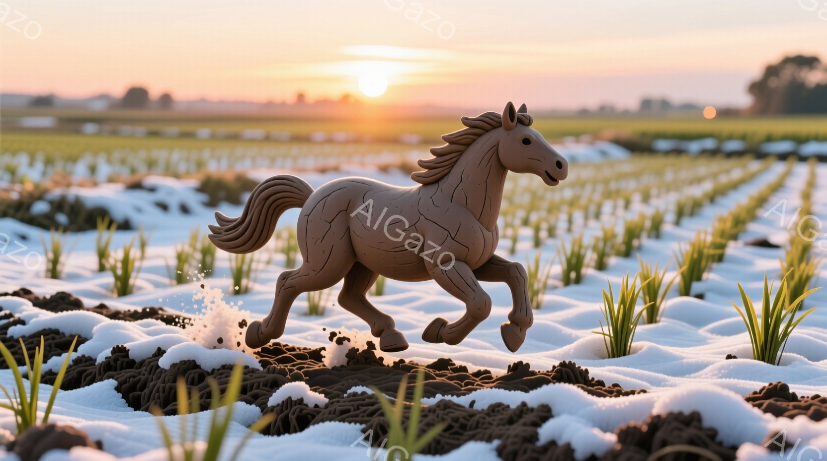 泥田の中を駆け抜ける茶色の馬のおもちゃが写っています。背景には緑の作物の畝が広がり、遠くには夕焼けのオレンジ色の空が広がっています。全体的に、活発で自然な雰囲気が感じられます。
