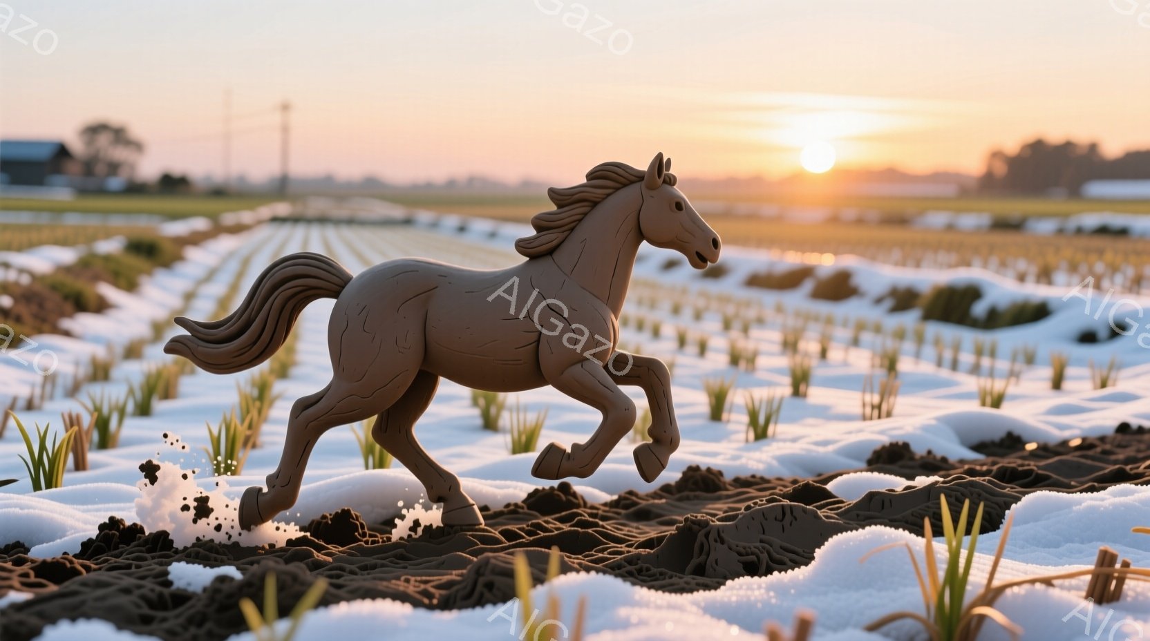 広大な田園風景を背景に、茶色の馬が駆け抜けている。日の出または日の入り時刻で、空はオレンジ色と黄色のグラデーションで彩られ、田んぼには水が張られており、まだ緑の芽が出始めている。馬は力強く前進しており - AI生成フリー素材
