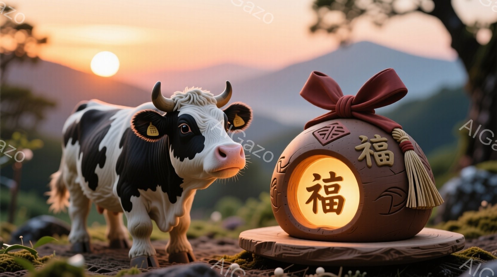 黒と白の模様をした牛が、苔むした地面に立っており、背景には穏やかな夕焼けが広がっています。牛の隣には、「福」という漢字が書かれた光を放つ提灯があり、提灯は木の台の上に置かれています。全体的に穏やかで温かい雰囲気であり、幸運を願うような情景が表現されています。