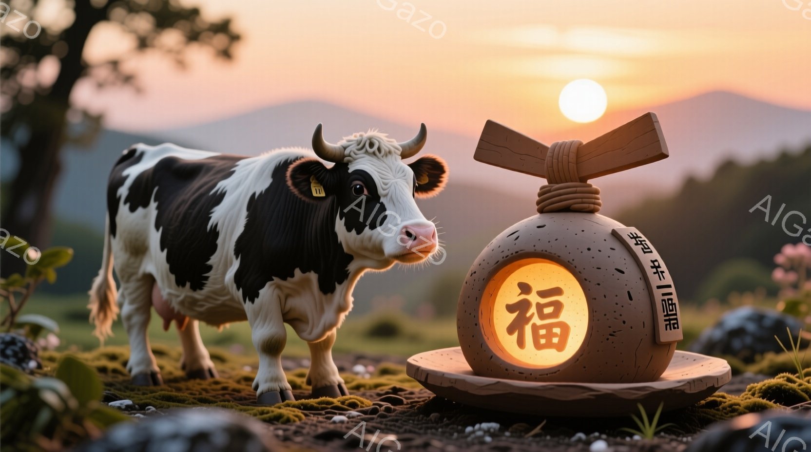 白黒の牛が緑豊かな草地の中に立っており、背景にはなだらかな丘陵地帯と夕焼けの空が広がっています。牛の横には「福」と書かれた提灯のようなものが置かれており、縁起の良い雰囲気を醸し出しています。全体的に暖かく穏やかな雰囲気で、自然と幸運を祝福するようなイメージです。
