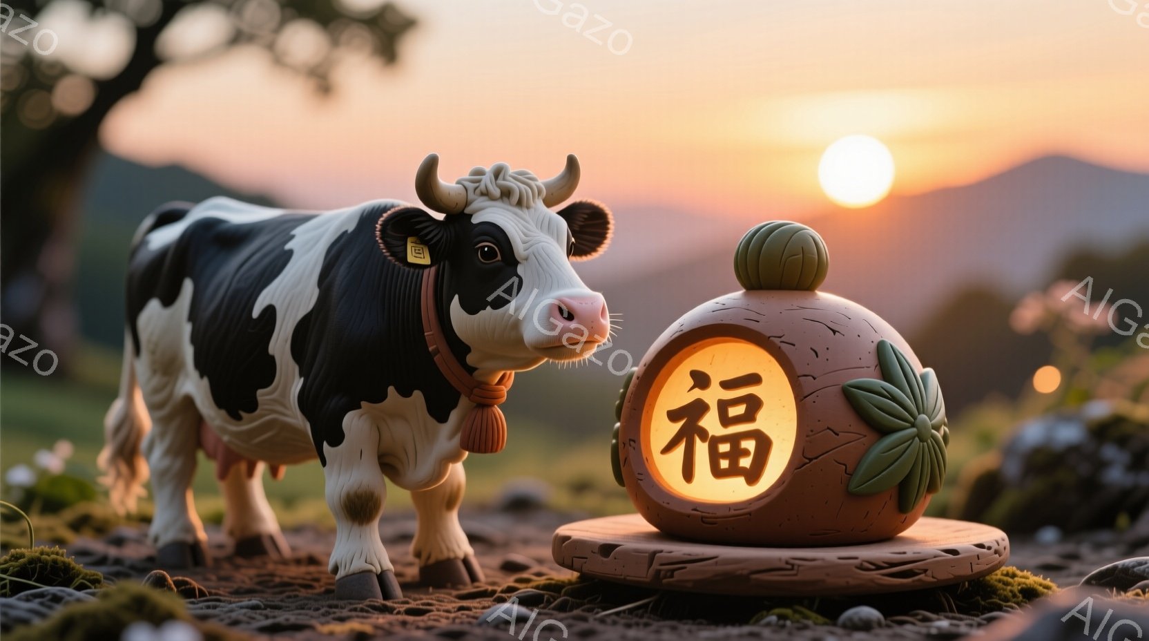 白黒の模様が特徴的な牛が、日当たりの良い草原に立っている。牛は赤い首輪をつけており、表情は穏やかだ。背景には、夕焼け空と緑豊かな丘が見え、その前に「福」と書かれた提灯が置かれていることで、全体的に幸福と繁栄を願うような、温かく縁起の良い雰囲気が漂っている。