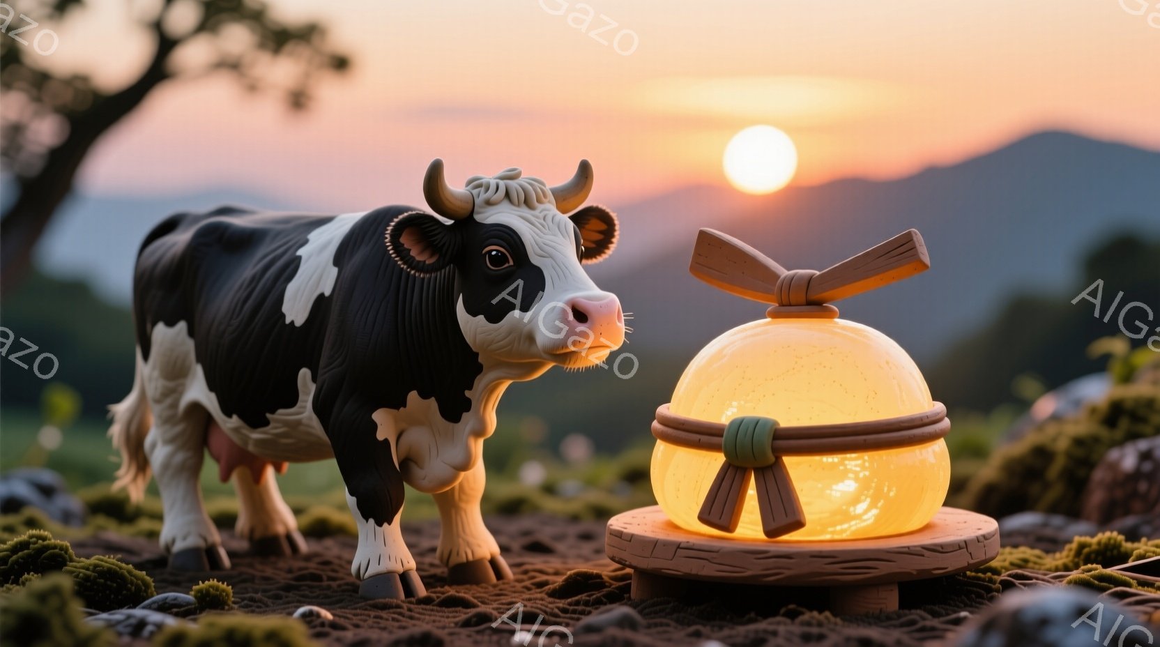 黒と白の模様が特徴的な牛が、オレンジ色に光る球体のオブジェの前に立っている。背景には、夕焼けに照らされた山々が広がり、地面は緑の苔と茶色の土で覆われている。暖かく幻想的な雰囲気で、夕暮れ時の穏やかな風景が表現されている。
