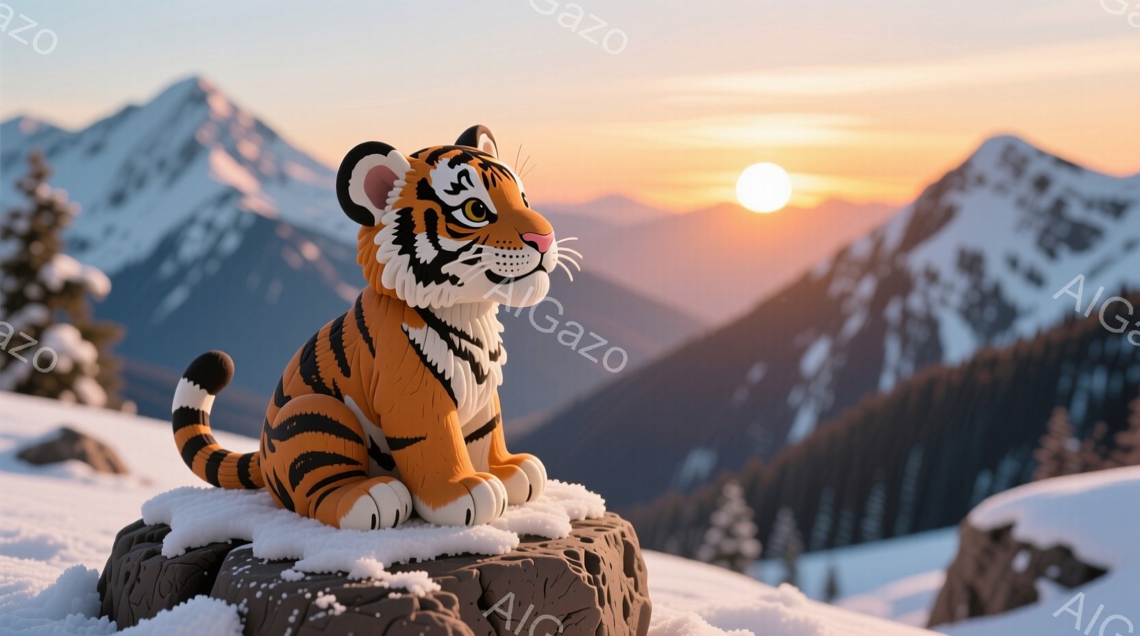 雪に覆われた岩の上に、オレンジと黒の縞模様の虎が座っている。背景には雪山が連なり、夕焼け空が鮮やかなオレンジ色に染まっている。全体的に穏やかで美しい冬の風景が描かれており、虎の毛並みや雪の質感も細かく表現されている。