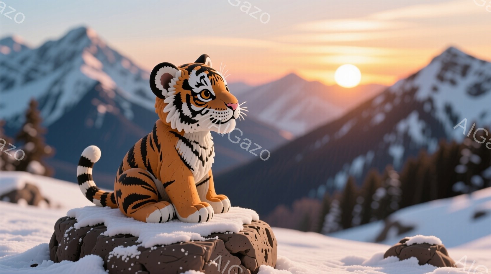 雪を冠した岩の上に、愛らしいオレンジと黒の縞模様のトラの子が座っています。その表情は穏やかで、遠くを見つめています。背景には、夕焼けに照らされた雪山が連なり、暖かく幻想的な雰囲気を醸し出しています。