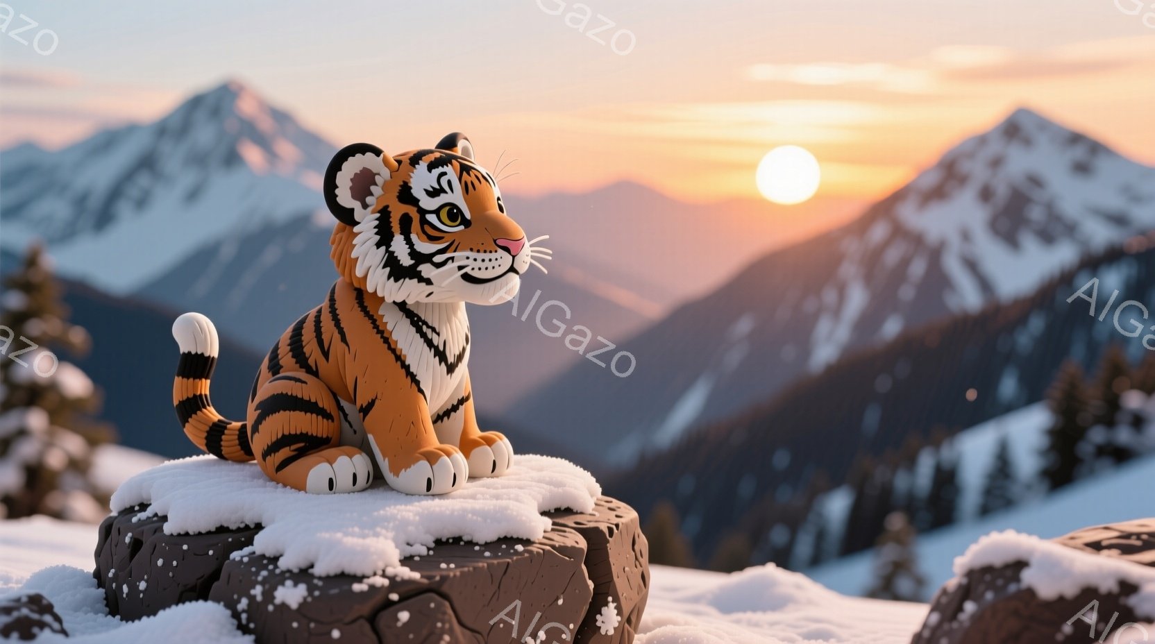 雪を冠した岩の上に、縞模様の虎が座っている。背景には、夕焼けに照らされた雪山が連なり、壮大な自然の風景が広がっている。虎は前足を伸ばし、尾を丸めて、穏やかで静かな雰囲気を醸し出している。