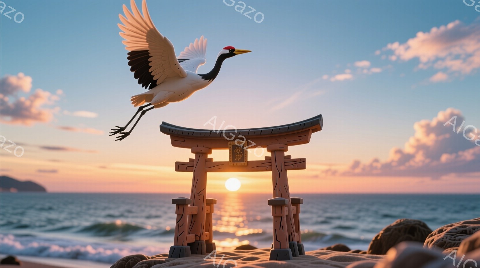 海岸に佇む鳥居が印象的な風景です。夕焼けの光が海面を照らし、鳥居をシルエットのように浮かび上がらせています。空には翼を広げた鶴が舞い、穏やかで神聖な雰囲気を醸し出しています。 - AI生成フリー素材