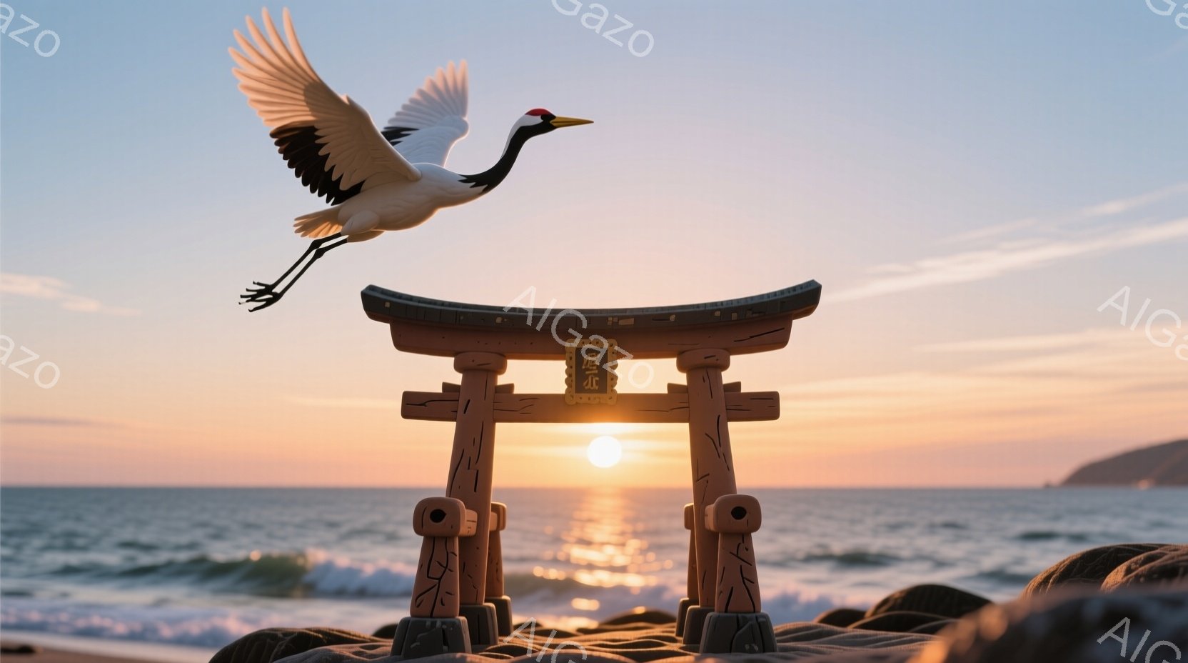 海岸に鳥居が立っており、その背後には沈みゆく夕日の光が輝いている。鳥居の上を、翼を広げた鶴が飛んでいる姿が捉えられており、波が穏やかに打ち寄せている海岸線と、遠くに見える陸地が背景を構成している。全体的に、穏やかで神秘的な雰囲気が漂い、日本の伝統的な風景と自然の美しさが際立っている。