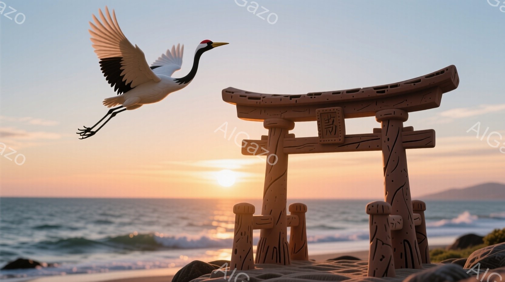 海岸に鳥居が建っており、夕焼け空の下で鶴が舞っている様子が描かれています。鳥居は木製で、砂浜の畳の上に設置されており、背景には穏やかな波と遠くの山々が見えます。全体的に、静かで平和な、日本の伝統的な風景を思わせる雰囲気です。