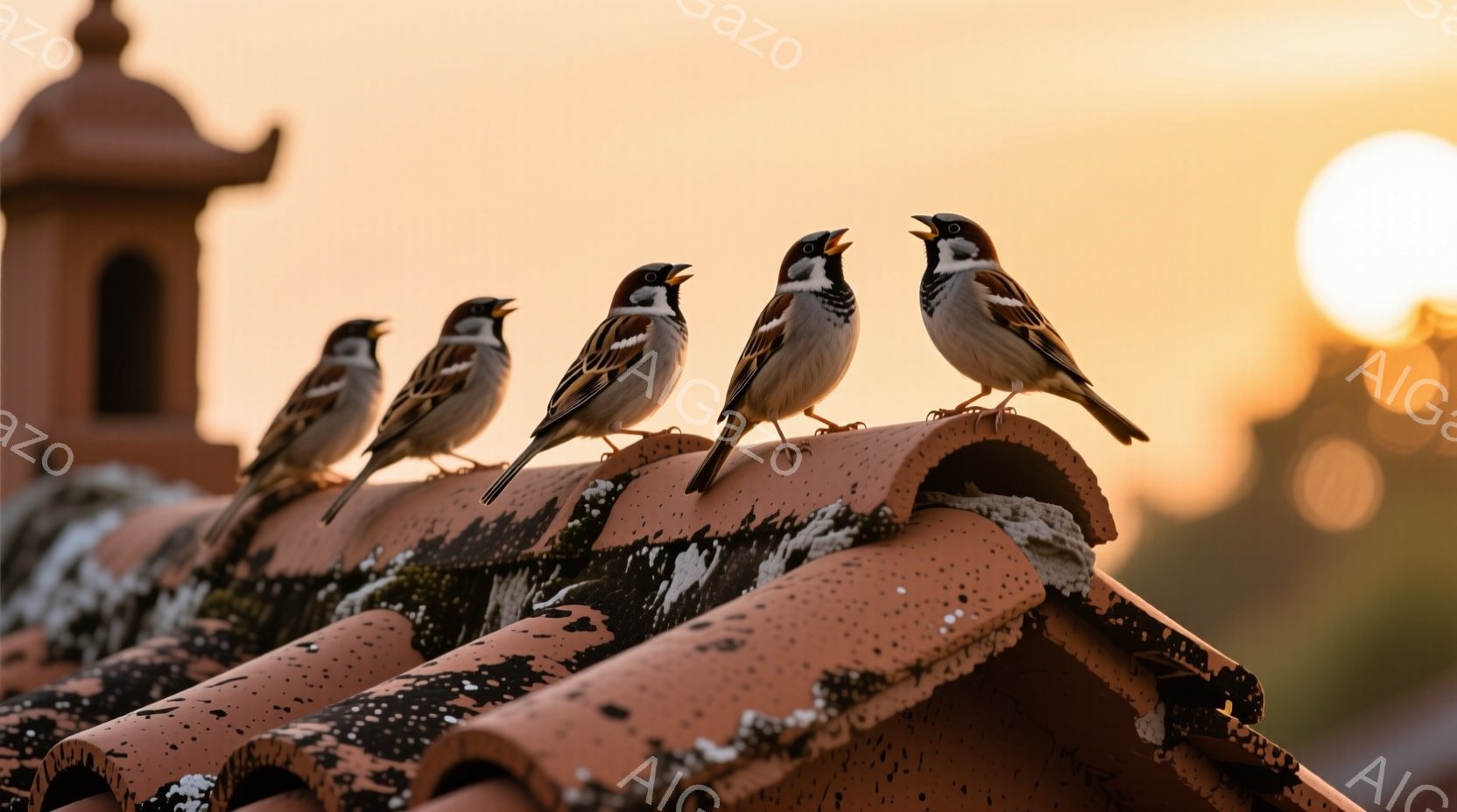 赤茶色の瓦屋根の上に、雀が並んで止まっています。口を開けて鳴いているように見え、夕焼けの光を浴びてシルエットが美しく映えています。背景には、建物の一部と夕焼け空が広がり、穏やかで温かい雰囲気を醸し出しています。