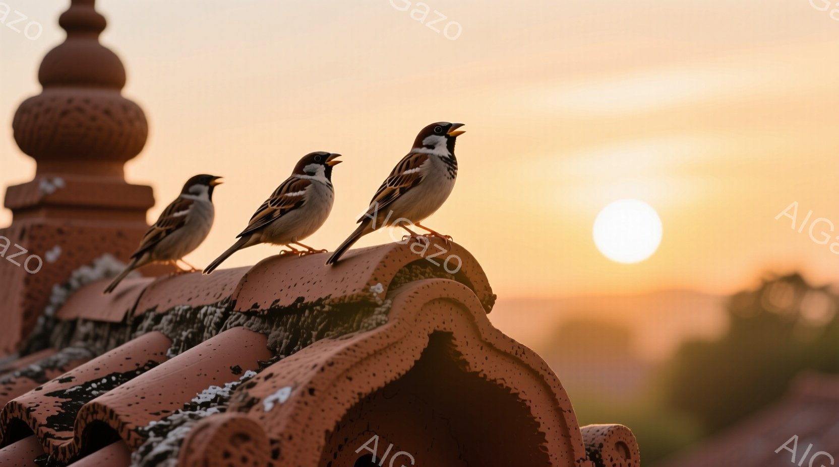 屋根の上に三羽のスズメが並んでおり、一羽は口を開けてさえずっているように見える。背景は夕焼けに染まった空と、遠くに見える風景がぼんやりと描かれており、暖かく穏やかな雰囲気を醸し出している。屋根瓦のテクスチャと、スズメの鮮やかな羽毛のコントラストが印象的である。