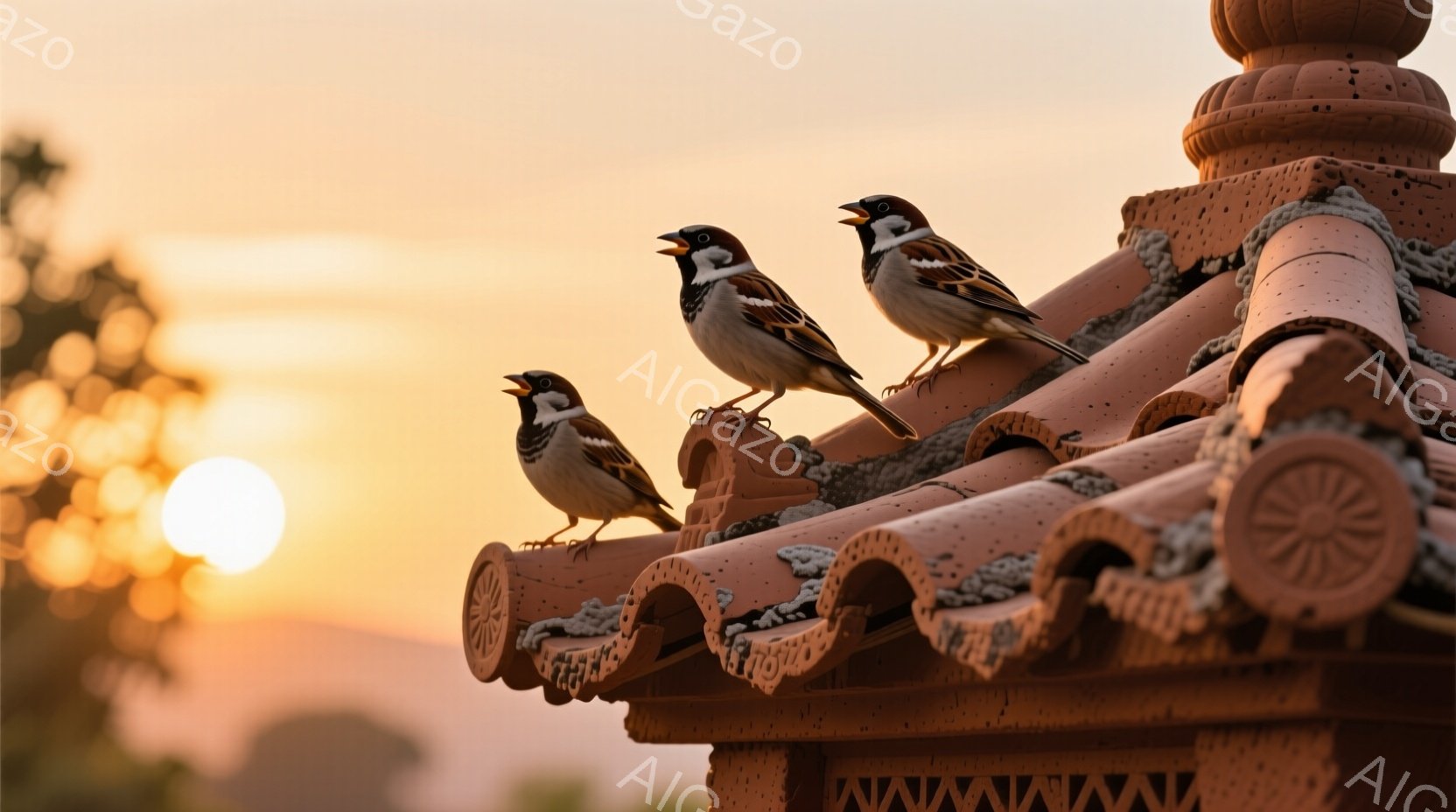 屋根の上に三羽の雀が並んで座っており、口を開けて鳴いているように見える。背景は夕焼け空で、オレンジと黄色のグラデーションが美しく、遠くには山のシルエットが見える。全体的に暖かく、穏やかな雰囲気が漂っている。