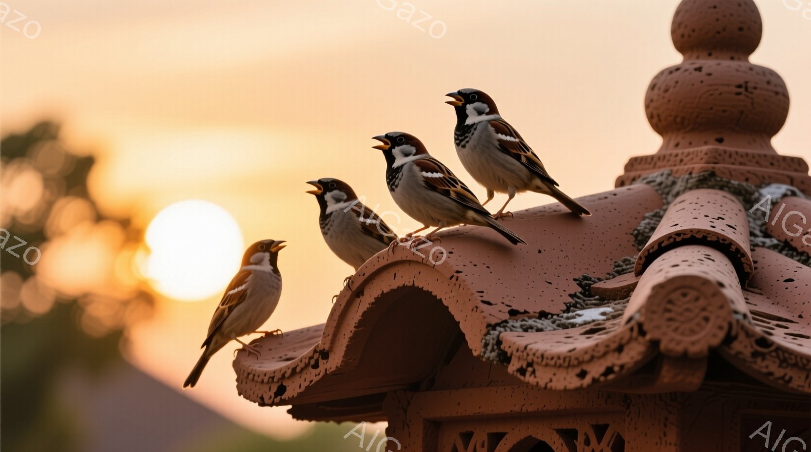 屋根の上に並んだ三羽の雀が写っている。夕焼けの光が柔らかく差し込み、オレンジ色の空が背景を照らし出している。雀たちは口を開け、さえずっているように見え、その姿は生き生きとしており、穏やかな雰囲気を醸し出している。