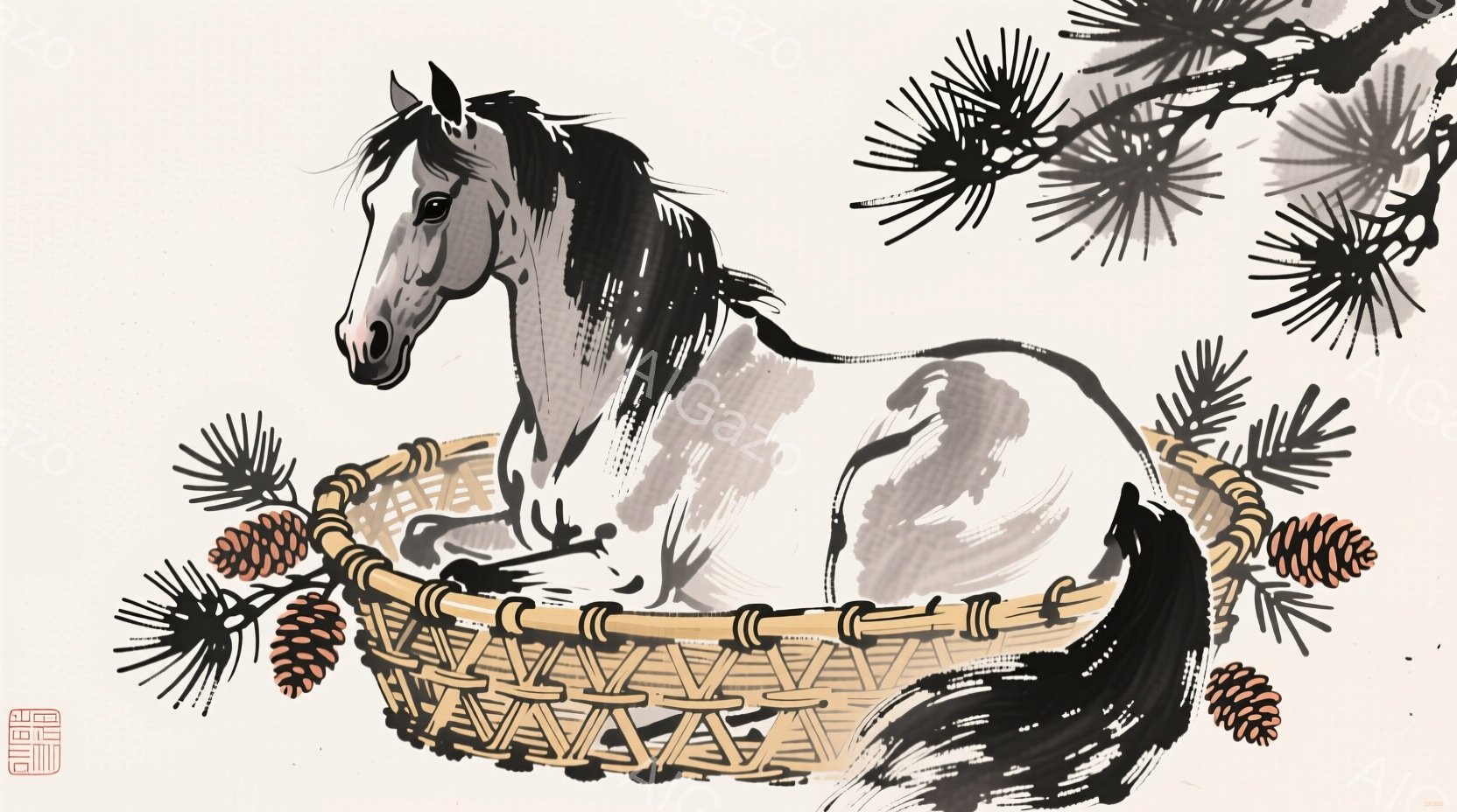 墨絵調の絵画には、背景に松の枝と松ぼっくりが描かれ、中央には茶色の馬が、籠の中に頭と前足を入れ、後ろ足は籠から外に出した状態で描かれています。馬は落ち着いた表情で、籠の中に身を委ねているような、リラックスした姿勢をしています。全体的に、自然と調和した静謐な雰囲気が漂います。