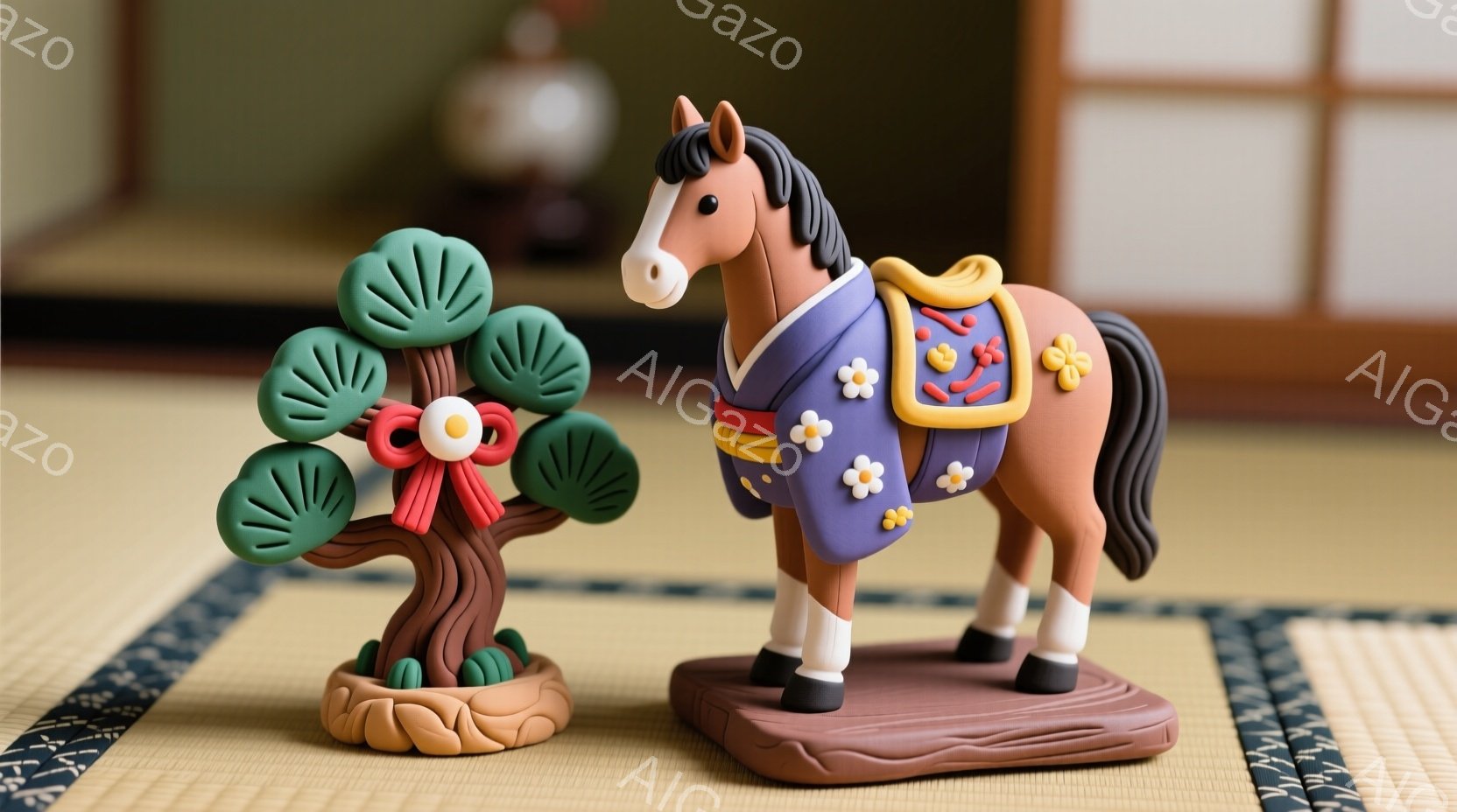 畳の上に、可愛らしい馬の置物と、小さな木が並んでいる。馬は茶色の体毛で、紫色の鞍と花柄の装飾が施されており、優雅な立ち姿を見せている。背景にはぼやけた障子が見え、伝統的な日本の部屋を連想させる、穏やか - AI生成フリー素材