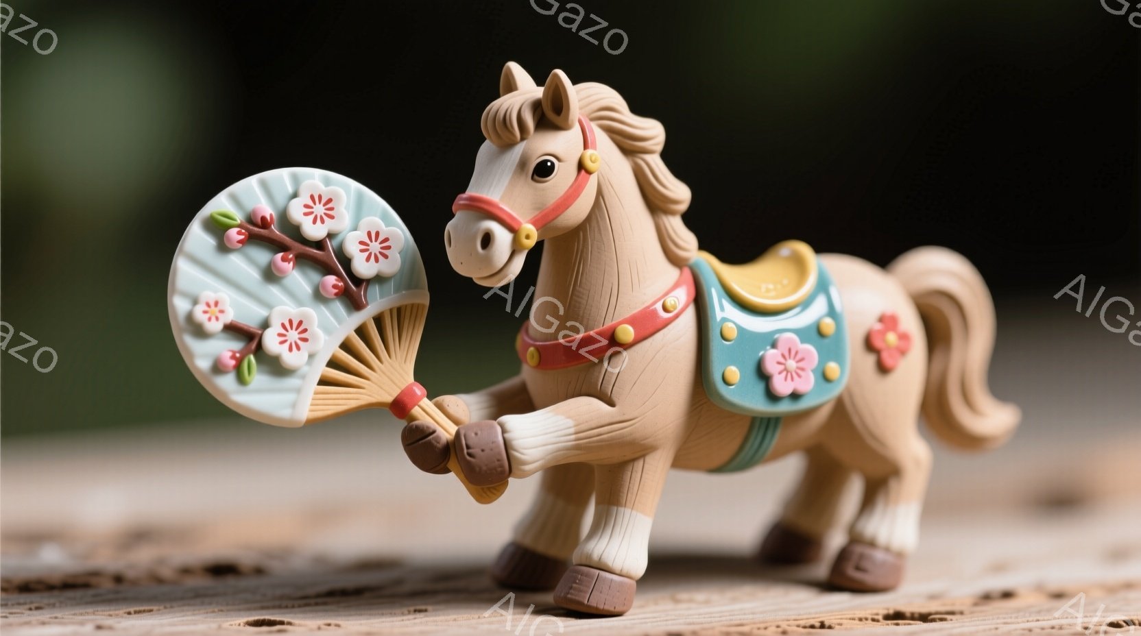 これは、茶色い馬の置物で、日本の伝統的な衣装を着ています。 馬はピンクと白の花が描かれた扇子を持っており、明るい表情で少し右を向いています。 背景は木製の台で、ぼやけた緑の背景があり、全体的に穏やかで温かい雰囲気です。