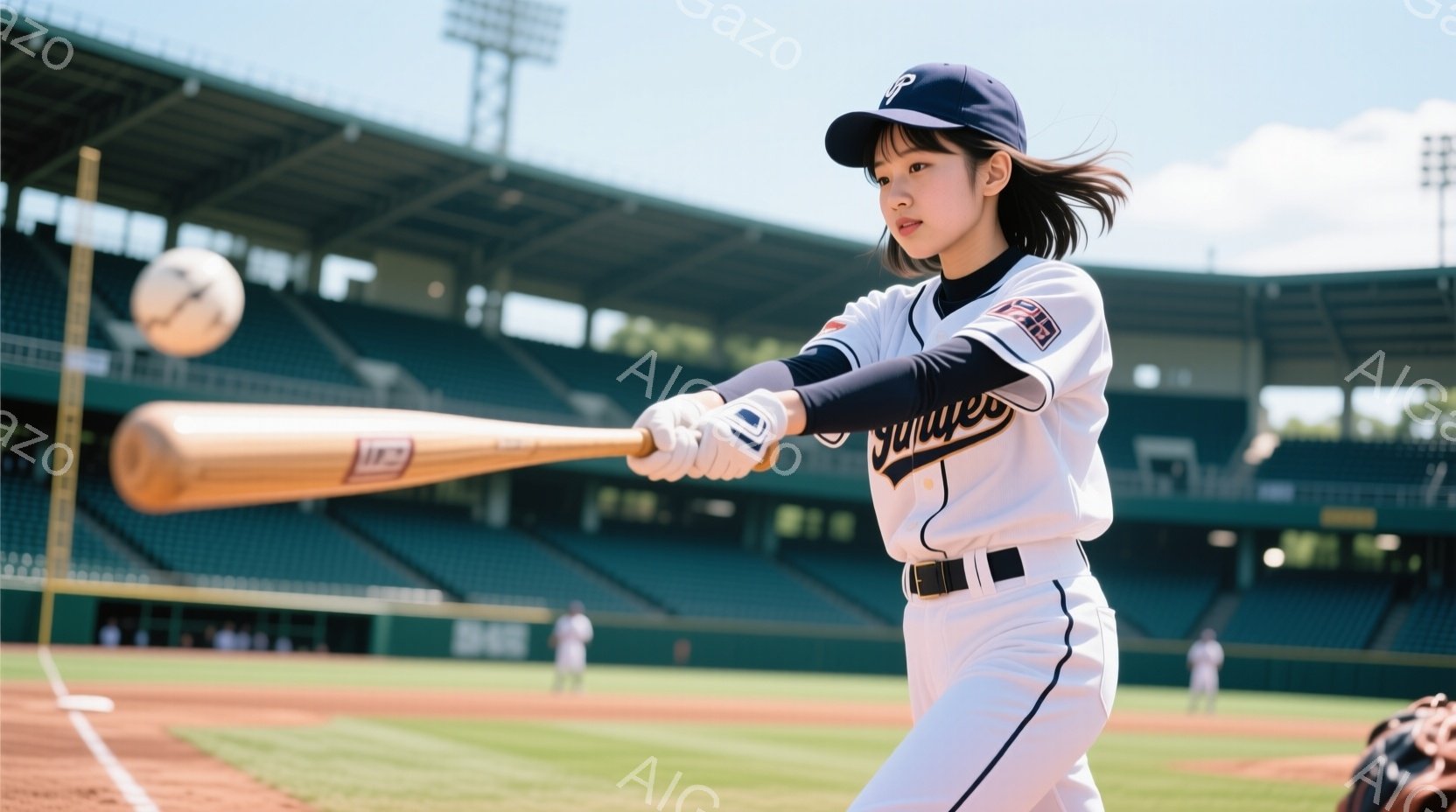 女性が野球のバッティングをしている写真です。彼女は白いユニフォームに黒いベルト、帽子を着用し、髪は後ろでポニーテールに結ばれています。背景には緑色の観客席と青空が広がり、晴れた日の野球場の雰囲気が伝わってきます。