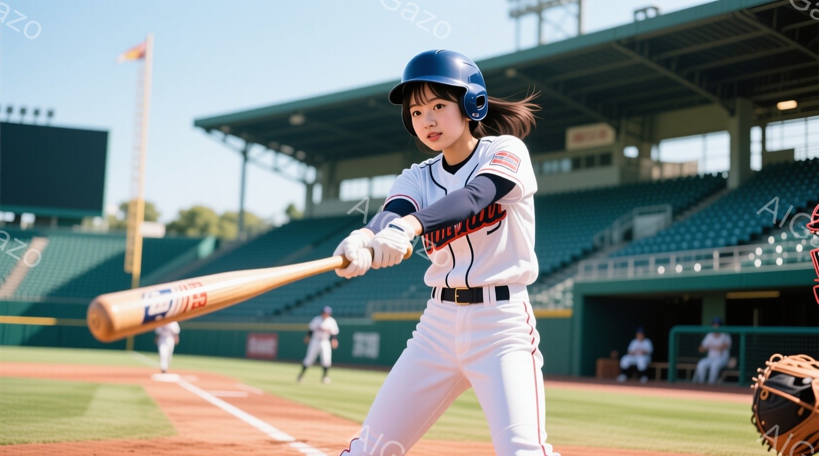 野球場でバッターボックスに立つ女性の姿が写っている。白を基調としたユニフォームに黒のベルトを合わせ、ヘルメットを着用し、構えでバットを構えている。背景には緑色の観客席と青空が見え、晴天の下での野球の試合が行われている様子が伝わる。