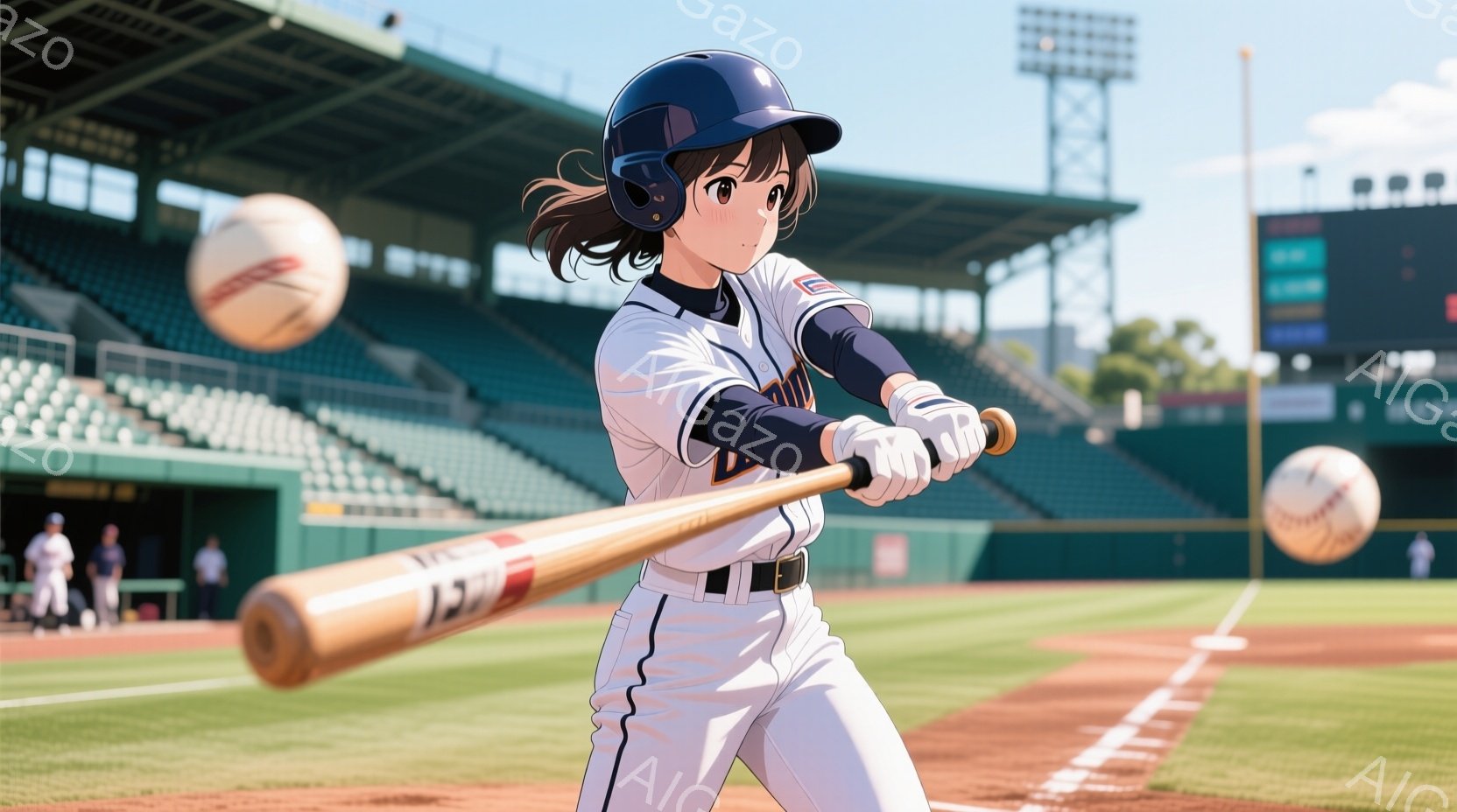 野球のバッターボックスに立つ女性の姿を描いています。彼女は紺色のヘルメットを被り、白と紺のストライプのユニフォームとベルトを着用し、バットを構えています。背景には緑の芝生と観客席、そして青空が広がり、 - AI生成フリー素材