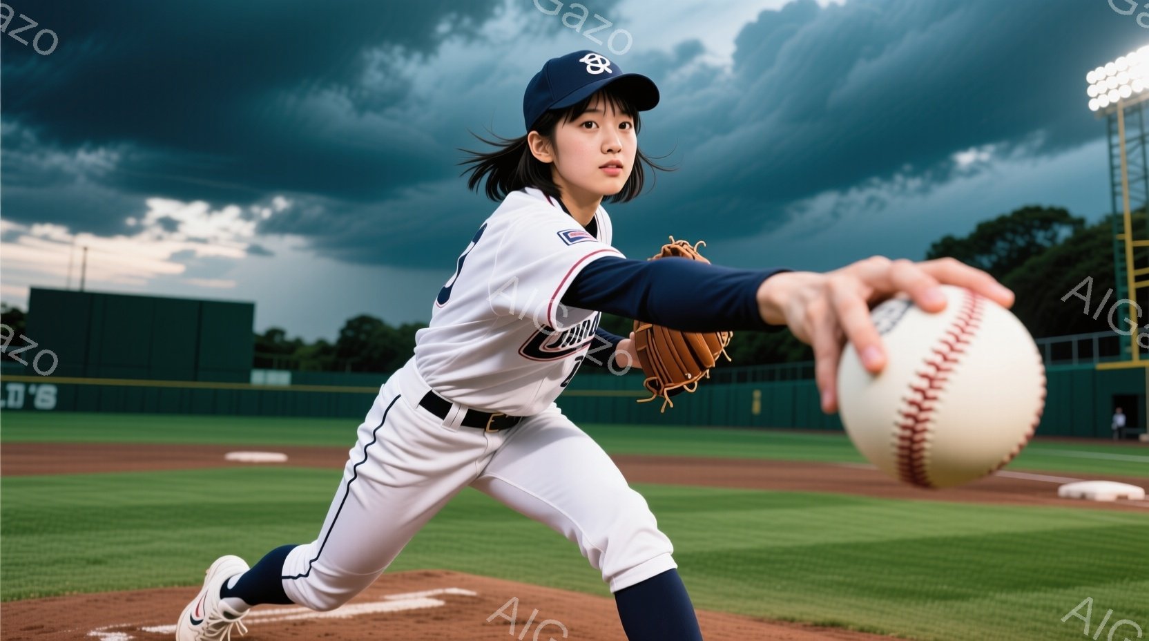 野球選手と思われる若い女性が、野球のボールを投げる直前のフォームで写っています。白いユニフォームに濃い青色のライン、キャップを被り、表情は真剣で集中しています。背景には緑の野球場、観客席、曇り空が広がり、試合が行われる直前の緊張感が漂っています。