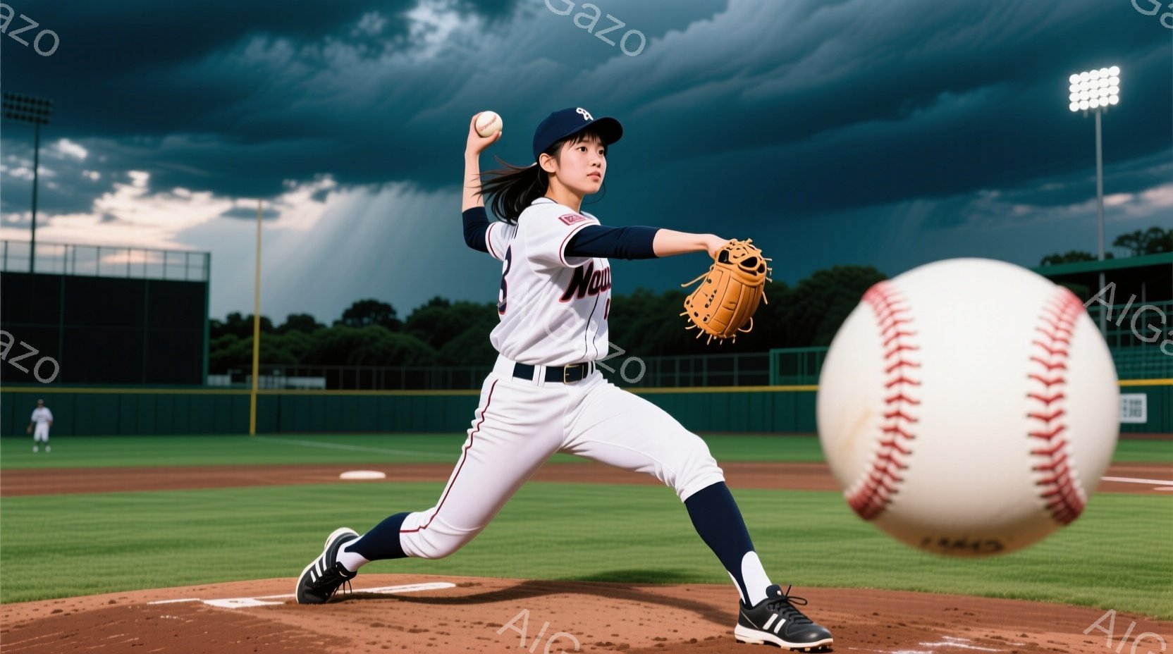 少女が野球のピッチングをしている画像です。白いユニフォームに紺色のソックスと帽子を着用し、髪はポニーテールに結んでいます。背景には緑の芝生、野球場、そして曇り空が広がっており、運動と活気に満ちた雰囲気が感じられます。