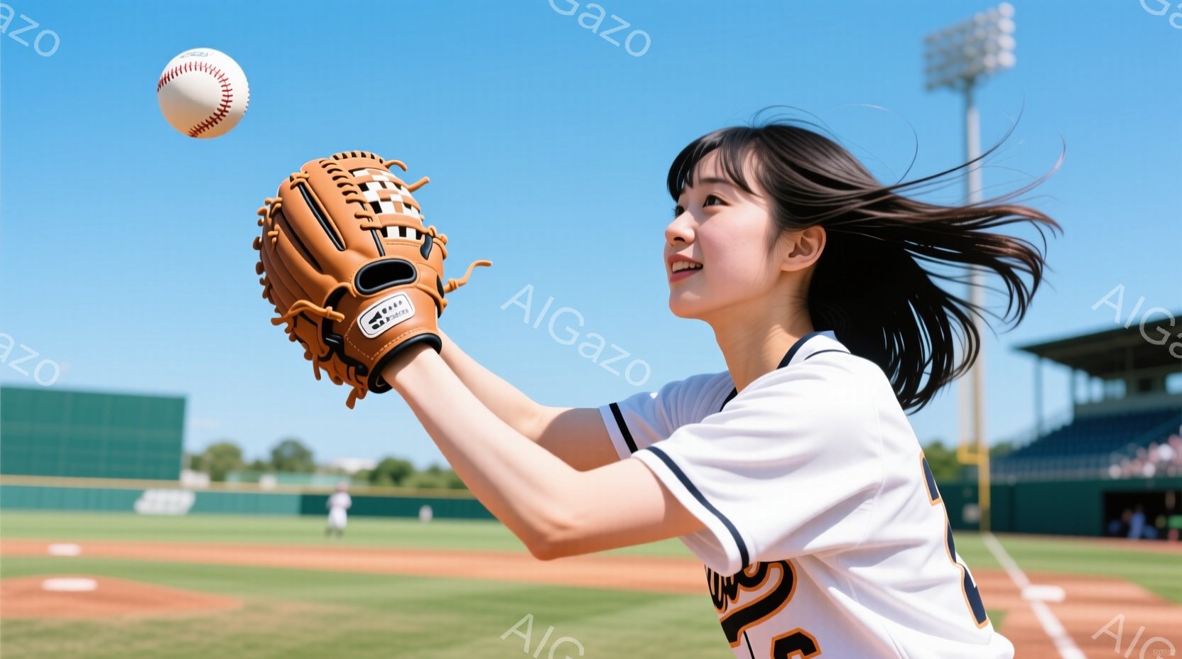 画像は野球場で、女性が野球のボールをキャッチしようとしている瞬間を捉えています。彼女は黒髪を風になびかせ、白い野球ユニフォームと濃い色のパンツを着用し、満面の笑顔を浮かべています。背景には緑色の芝生、観客席、そして晴れた空が広がっており、活気に満ちた夏の日の野球の雰囲気が伝わってきます。