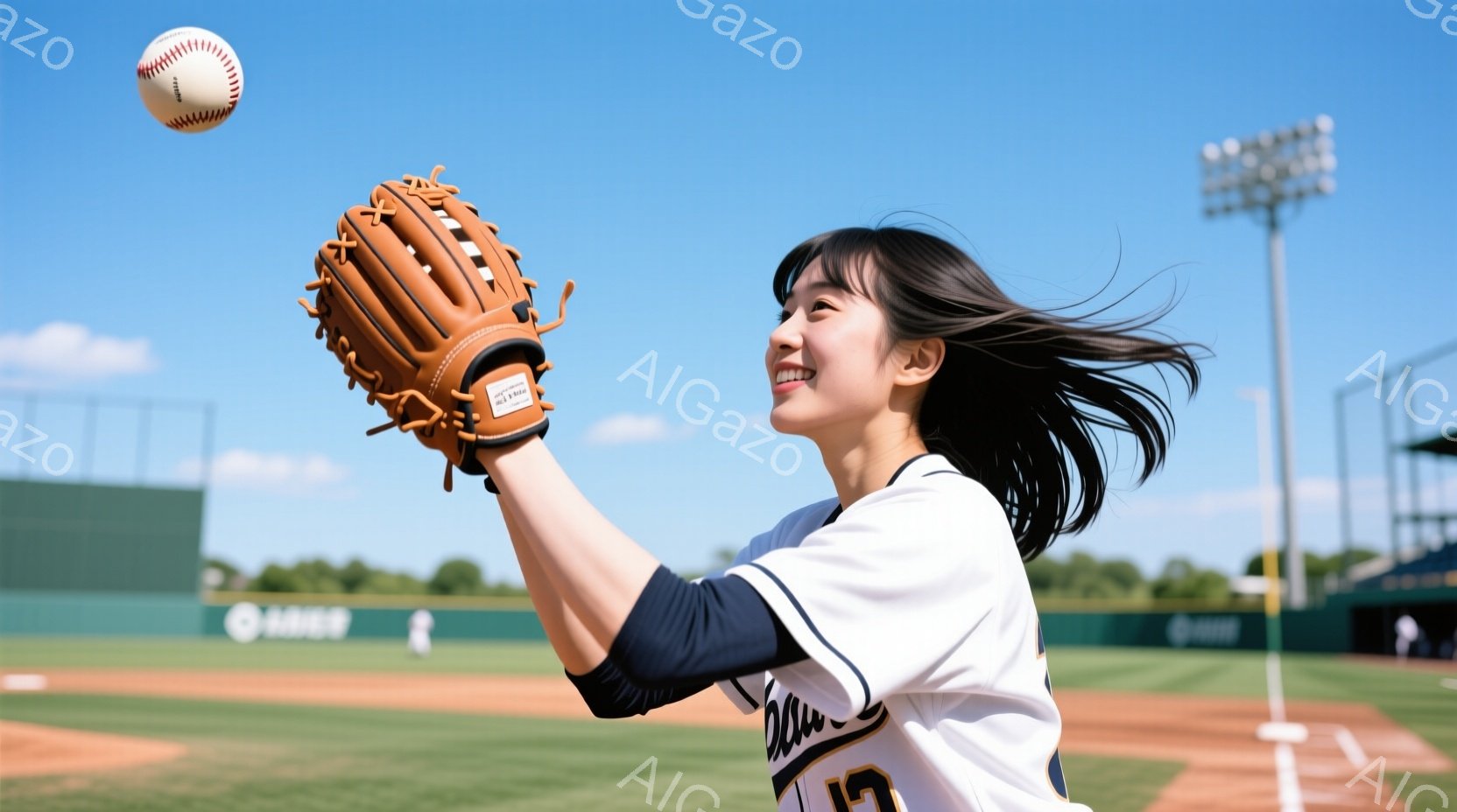 少女は野球場でボールをキャッチしようと、グローブを高く上げたポーズを取っています。彼女は紺色の袖と白の胴体を持つ野球ユニフォームを着ており、長く黒い髪が風になびいています。背景には緑のフィールド、土の - AI生成フリー素材